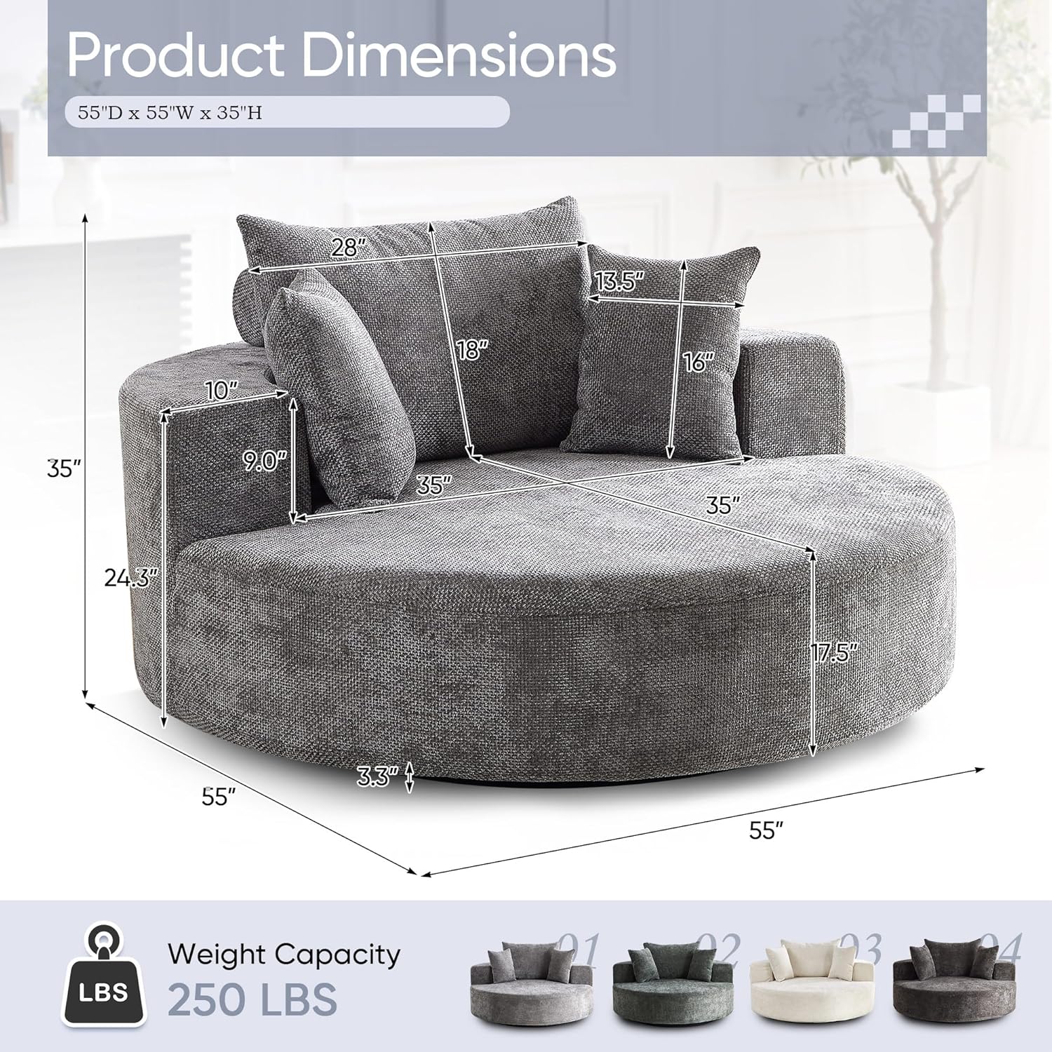 SLEERWAY 55" W Oversized Swivel Accent Chair, Large Barrel Chairs Upholstered Round Swivel Chair, Chenille Single Sofa Armchair, Modern Sleeper Chair for Living Room, Lounge and Projection Room, Grey