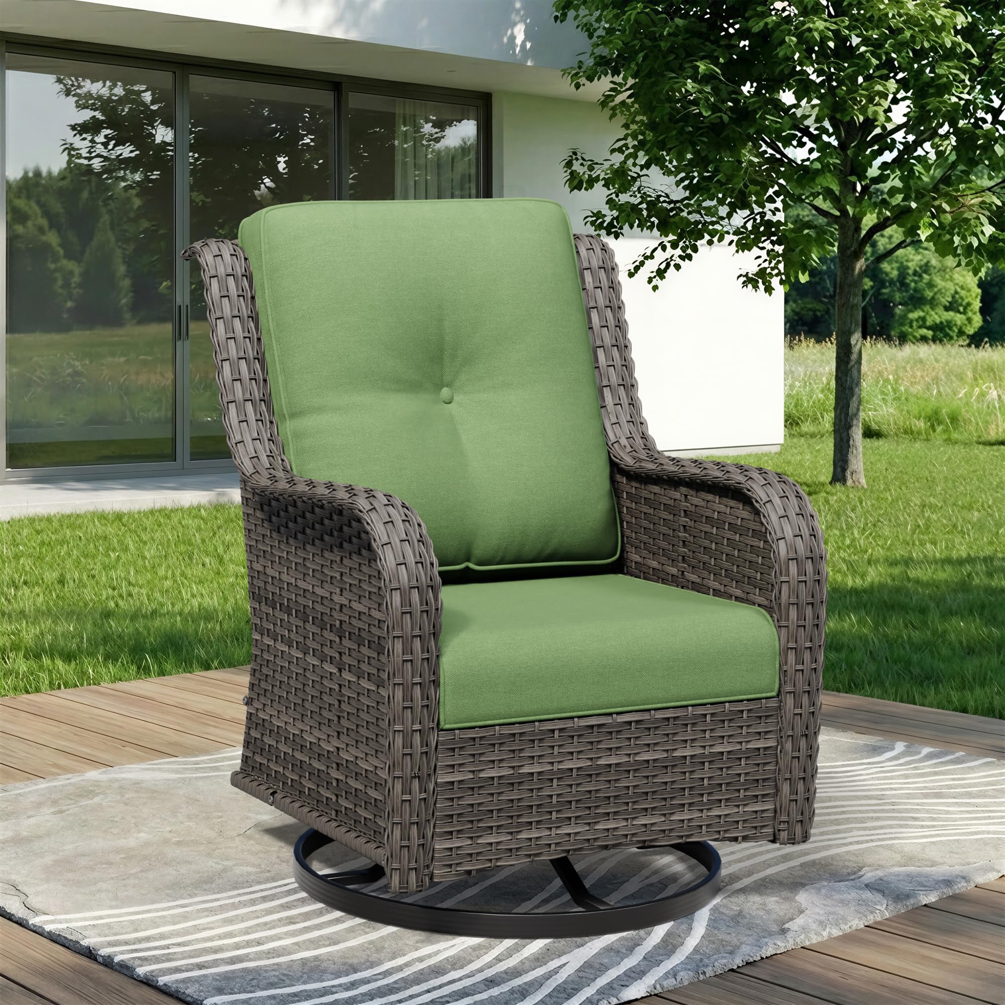 Outdoor Swivel Rocker Patio Chair - Outdoor Wicker Patio Furniture with Thickened Olefin Cushions, High Back and Deep Seating, Hand-Woven PE Rattan for Porch, Deck, Balcony, Green