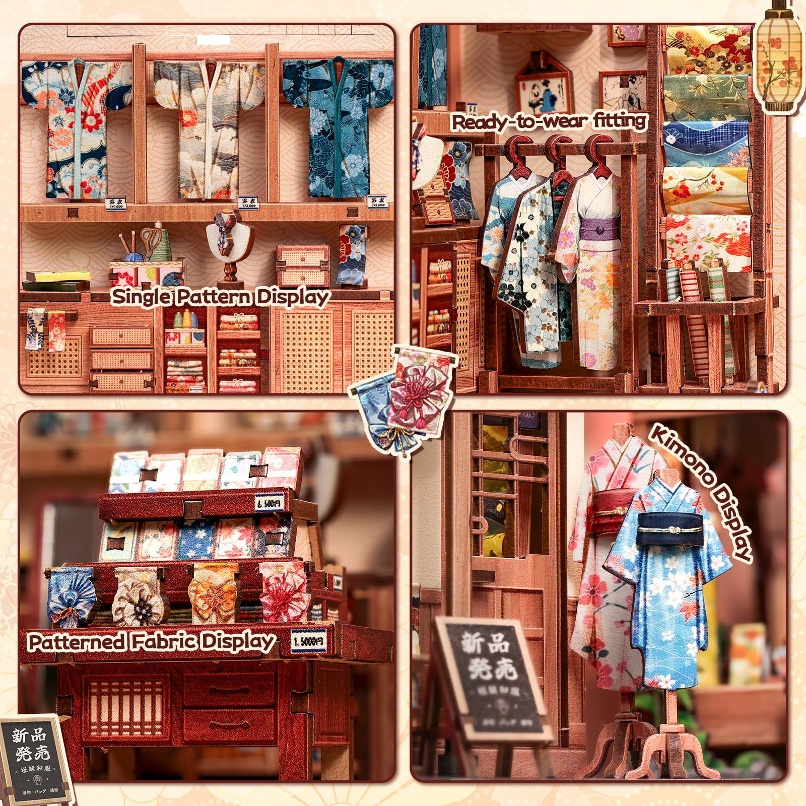 Fsolis Kit de rincón de libros, casa de muñecas japonesa en miniatura, kit de manualidades de madera 3D para adultos, decoración de estanterías, regalo (Sakura O kimono Shop)