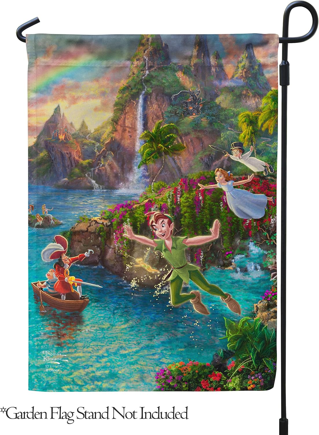 Flagology, Thomas Kinkade Disney, Peter Pan's Neverland – Garden Flag 12" x 18", Exclusive Fabric, Officially Licensed Thomas Kinkade Disney