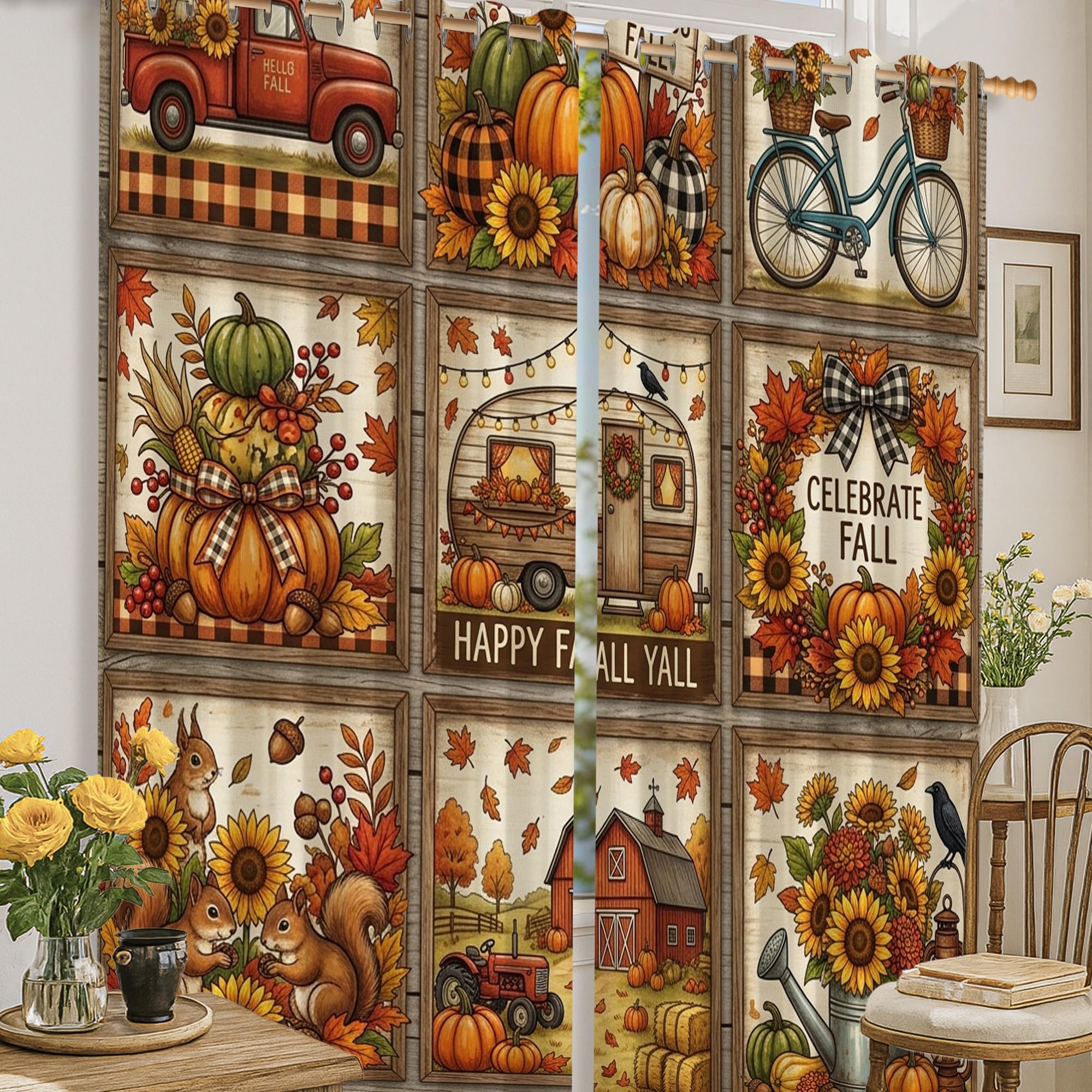 Rideaux occultants infroissables motif citrouilles et tournesols 132x160