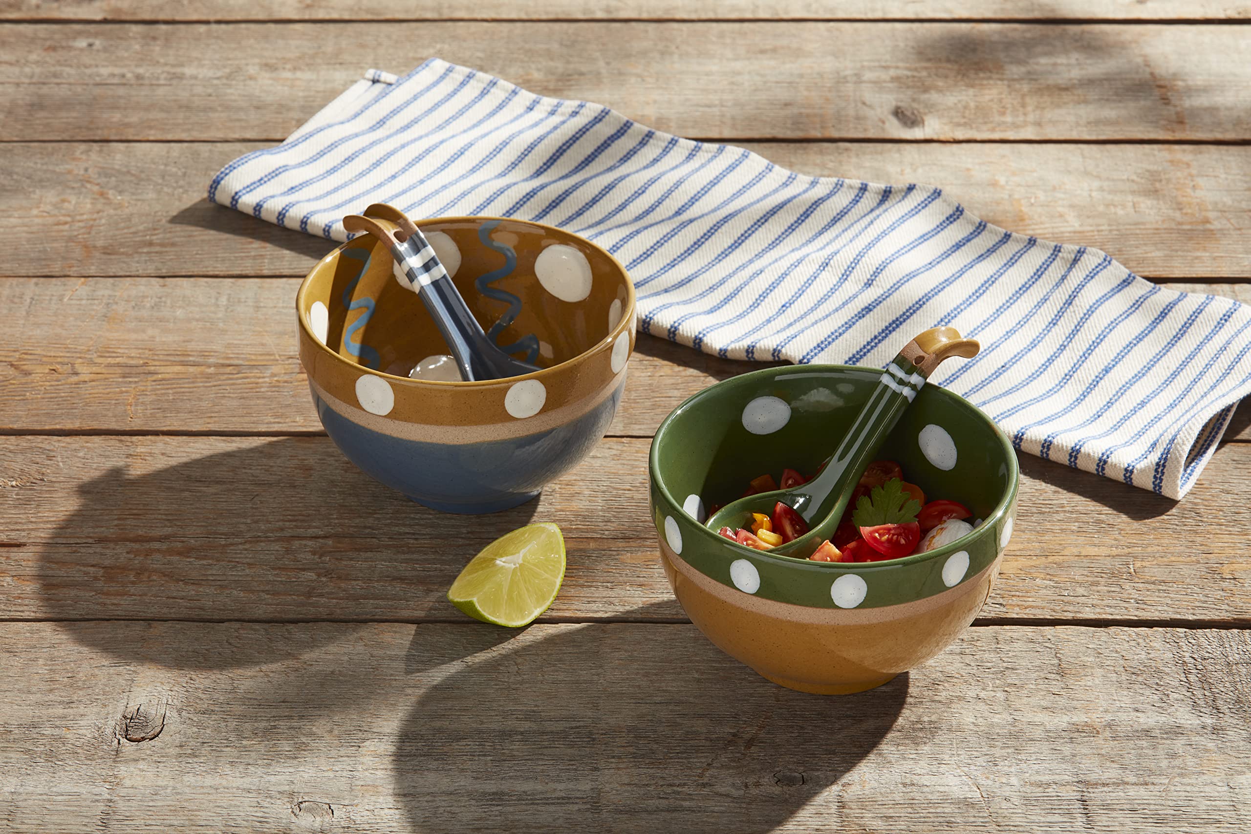 Ciotole Per Salsa Dipinte A Mano - Set Da 2 Pezzi Con Mestolo In Gres, 14,5 Cm, Verde E Giallo A Pois