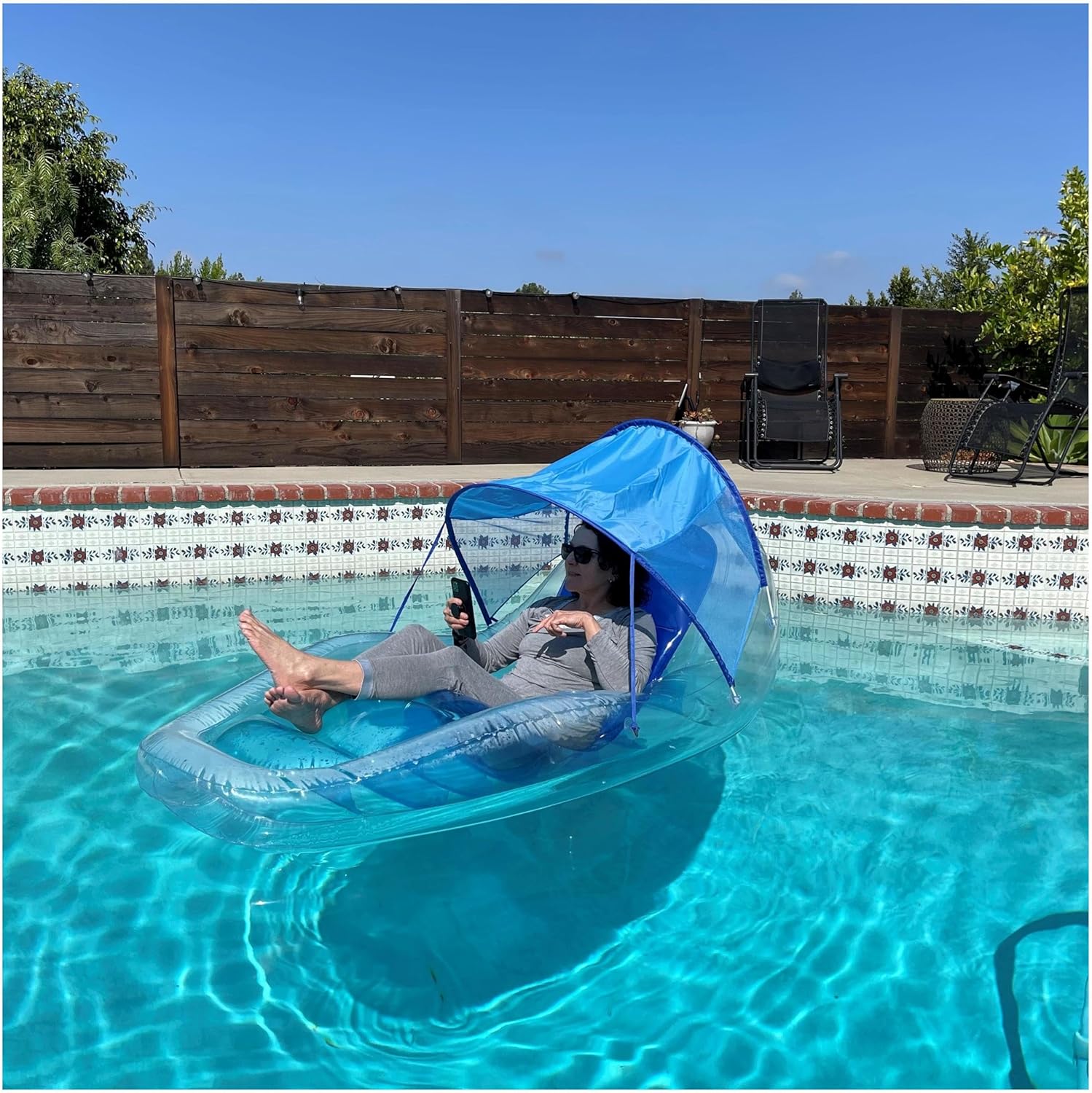 Swimways Dry Float Shadester Pool Float, Translucent Inflatable Recliner Chair for Adults with Fast Inflation, Canopy, Foot Rest & Cup Holder