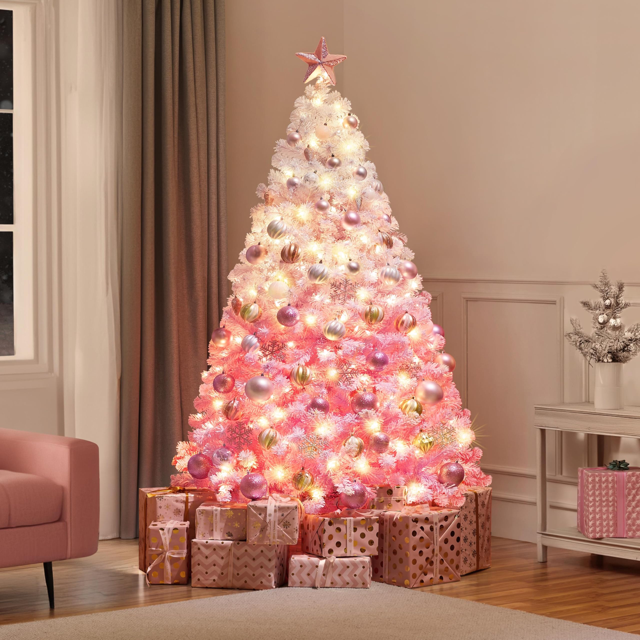 Yaheetech 6ft Pre-lit Artificial Christmas Tree with 250 Incandescent Warm White Lights, Snow Flocked Full Prelighted Xmas Tree with 820 Branch Tips & Foldable Stand, Pink Gradient