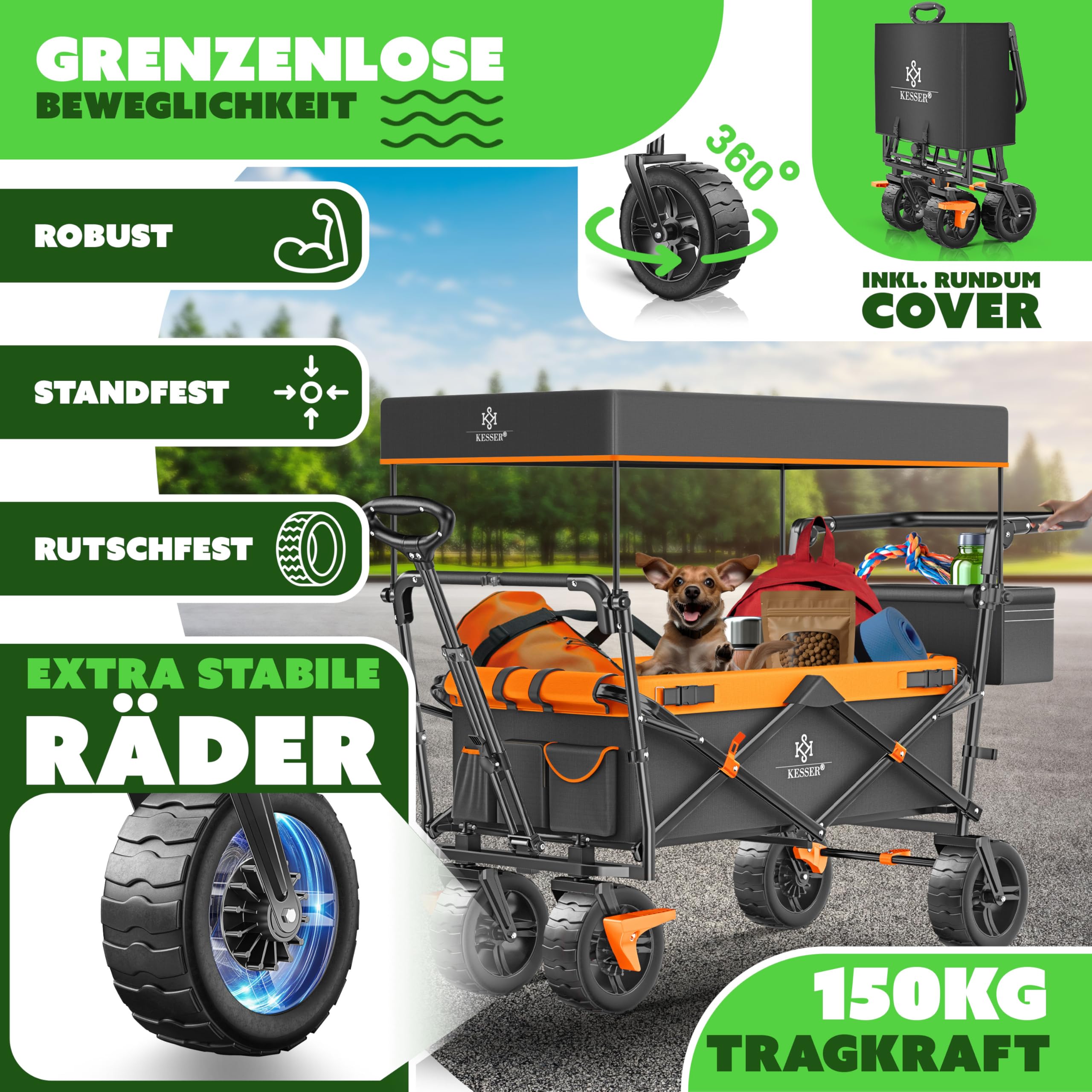 KESSER® XXL Bollerwagen faltbar mit Dach GT9000, klappbarer Handwagen bis 150 kg für Kinder, Strand, Camping & Garten, großer Transportwagen mit Hartgummi Rädern, Bremsen vorne & hinten + Tragetasche