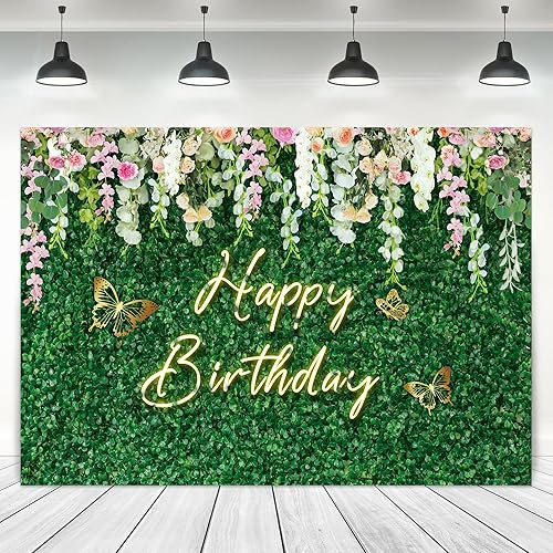 Greenery - Telón de fondo de feliz cumpleaños para mujer, 7 pulgadas de ancho x 5 pies de alto, tela de poliéster verde neón, hojas de hierba,