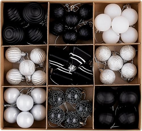 DecorbyHannah - Juego de adornos de Navidad de 45 quilates, inastillables, varios mini adornos de Navidad blancos y negros para decoración de