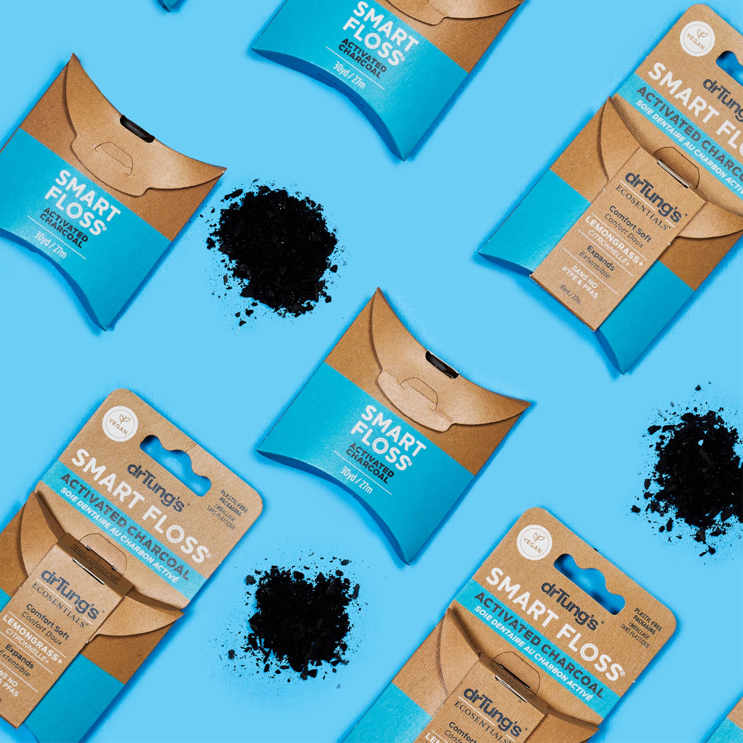 DrTung's Hilo dental vegano de carbón activado, sabor a hierba de limón natural, paquete de 6 | Hilo dental natural sin PTFE ni PFAS, suave con las encías, se expande y estira, sin BPA