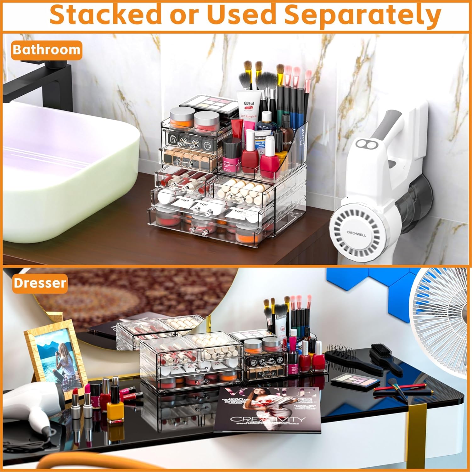 Cq acrylic Make Up Organizers for Vanity With 6 Drawers, 2 Pack Clear Drawer Organizers,Plastic Cute Desk Accessories Organization and Bathroom Organizers Storage Case Box Cube for Beauty,Skin Care - Image 2