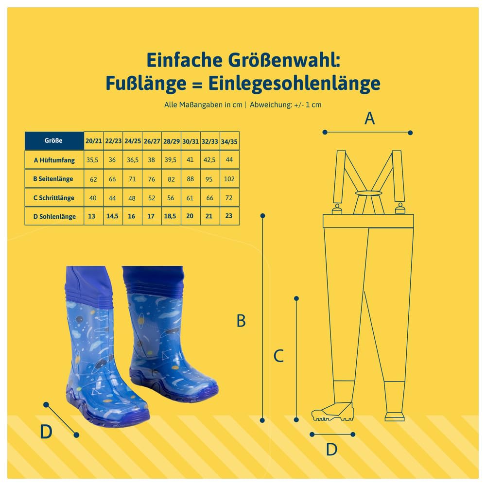 Dönges Kinder-Wathose, Gr. 22-35, wasserdichte Regenhose für Jungs und Mädchen, ungefüttert mit Watstiefeln und Verstellbaren Hosenträgern, Outdoor Buddelhose für Regen, Matschhose, Blau und Rosa
