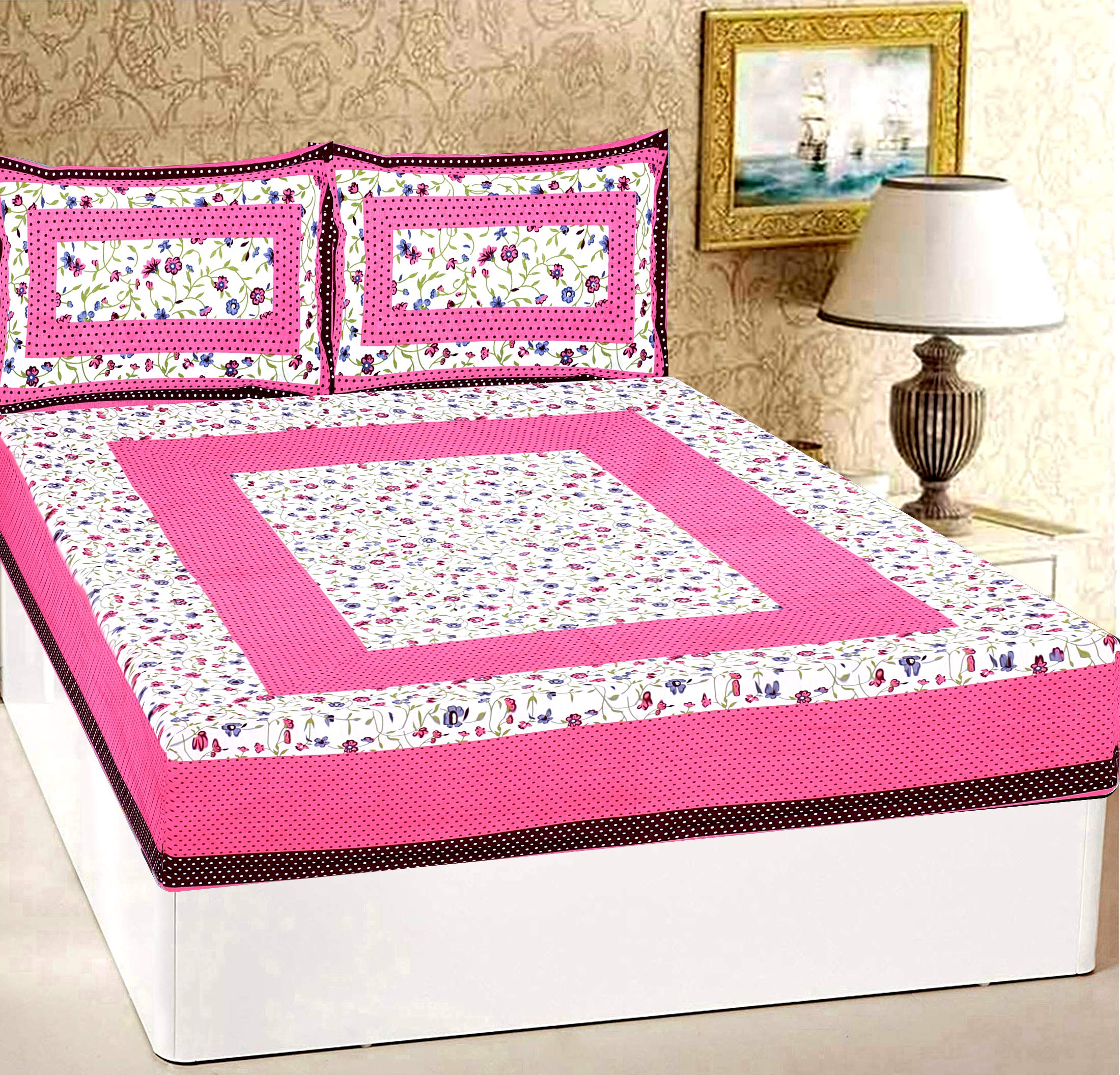 RajasthaniKart® Pure 100% Cotton Double Bed Sheet with 2 Pillow Covers (Bedsheet for Double Bed Cotton, Pink Bindiya Jaipuri, King Size,5218)
