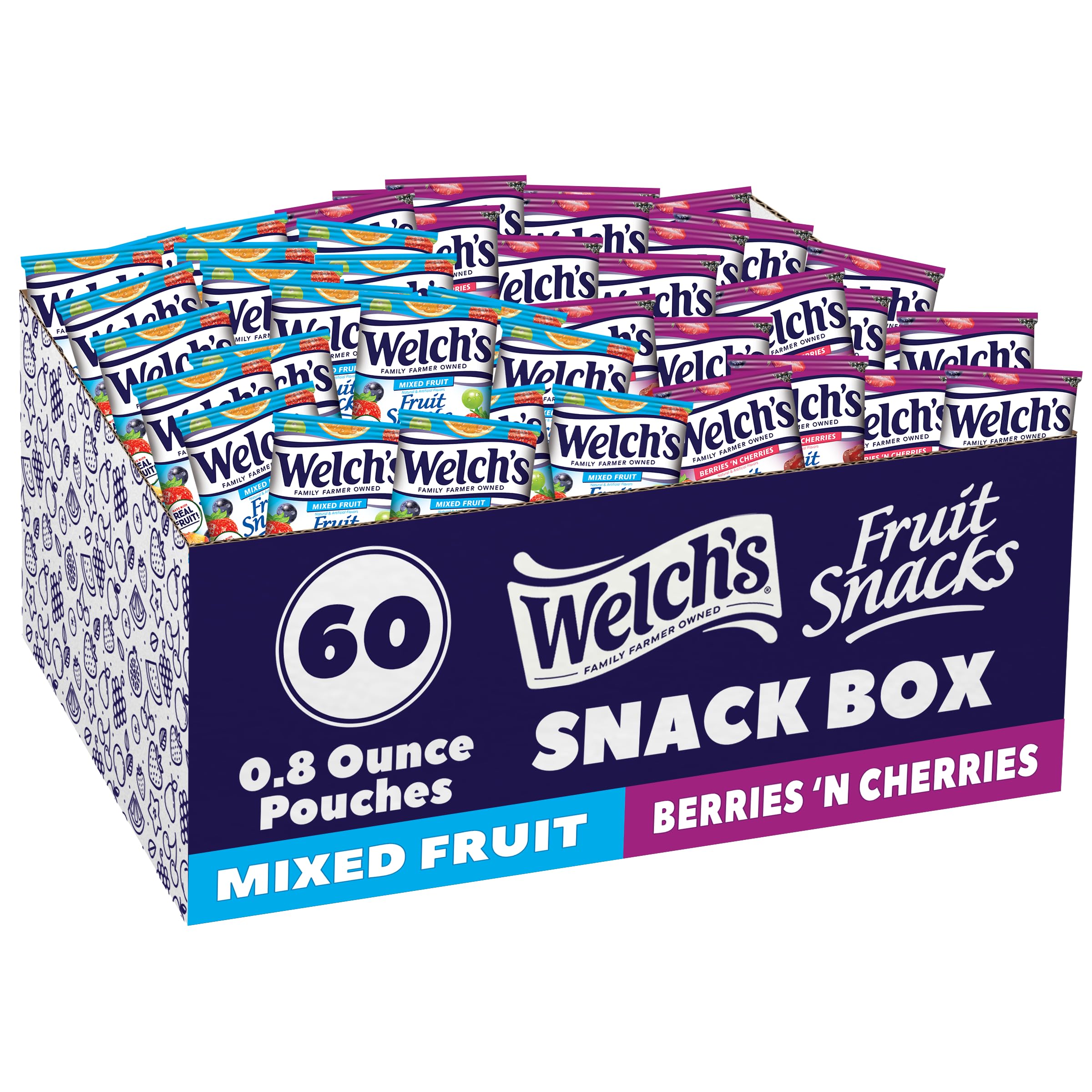 Welch's Fruit Snacks, Mixed Fruit & Berries 'N Cherries Variety Pack, Great for School Lunches, Bulk Pack, Halloween Treats, Individual Single Serve Bags, 0.8 oz (Pack of 60)