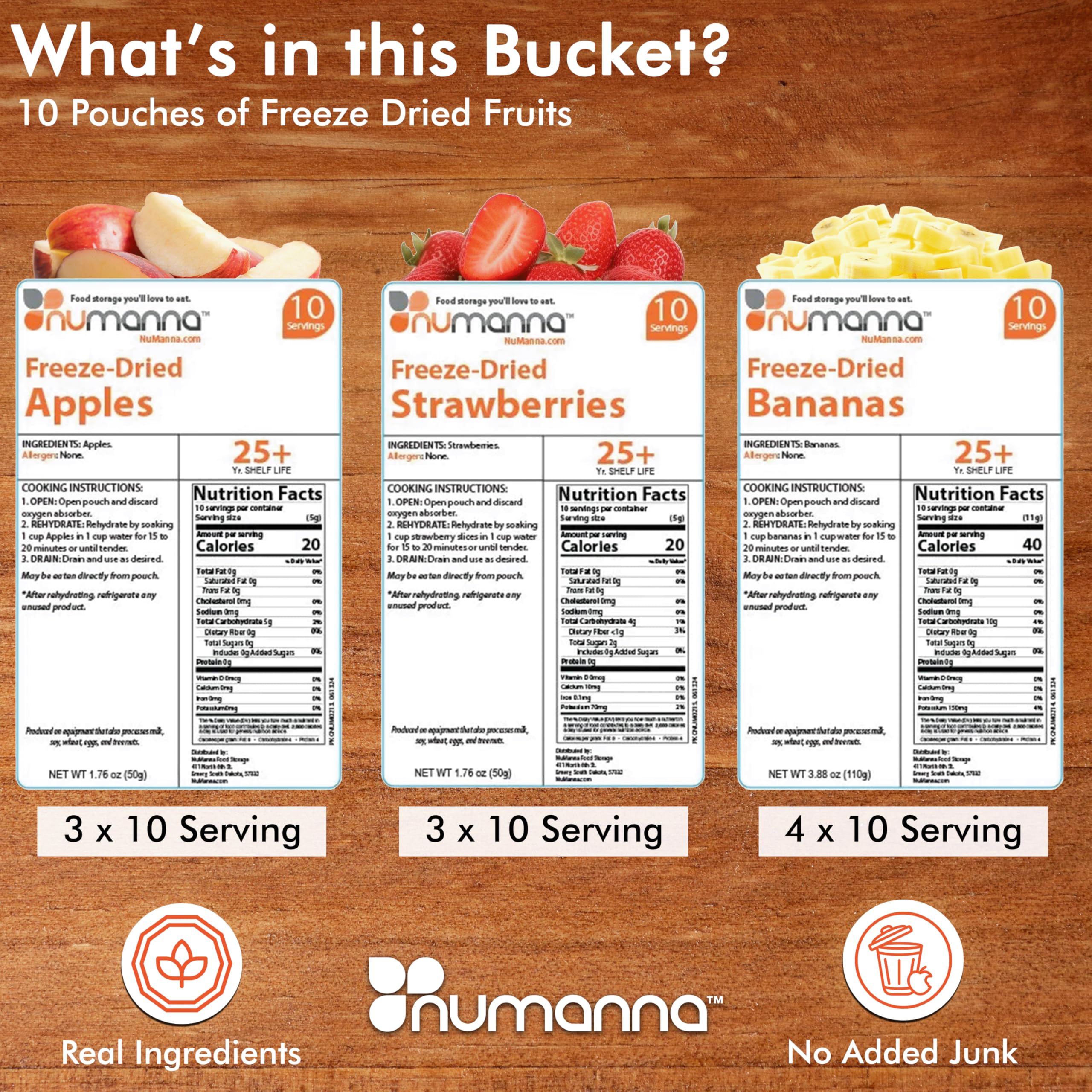Numanna Freeze-Dried Fruits Bucket 100 Servings Includes Apples, Bananas & Strawberries No Additives Healthy Snack for Everyday Use, Emergency & Survival Meals | Durable Packaging 25-Year Shelf Life