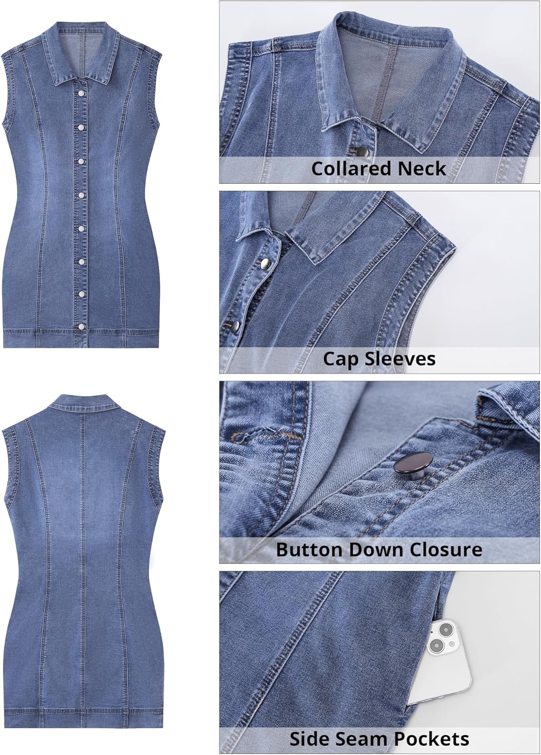 GRAPENT Denim Dress for Women Stretchy Cap Sleeve Button Down Casual Collared Above Knee Short Jean Dresses with Pockets - Image 6