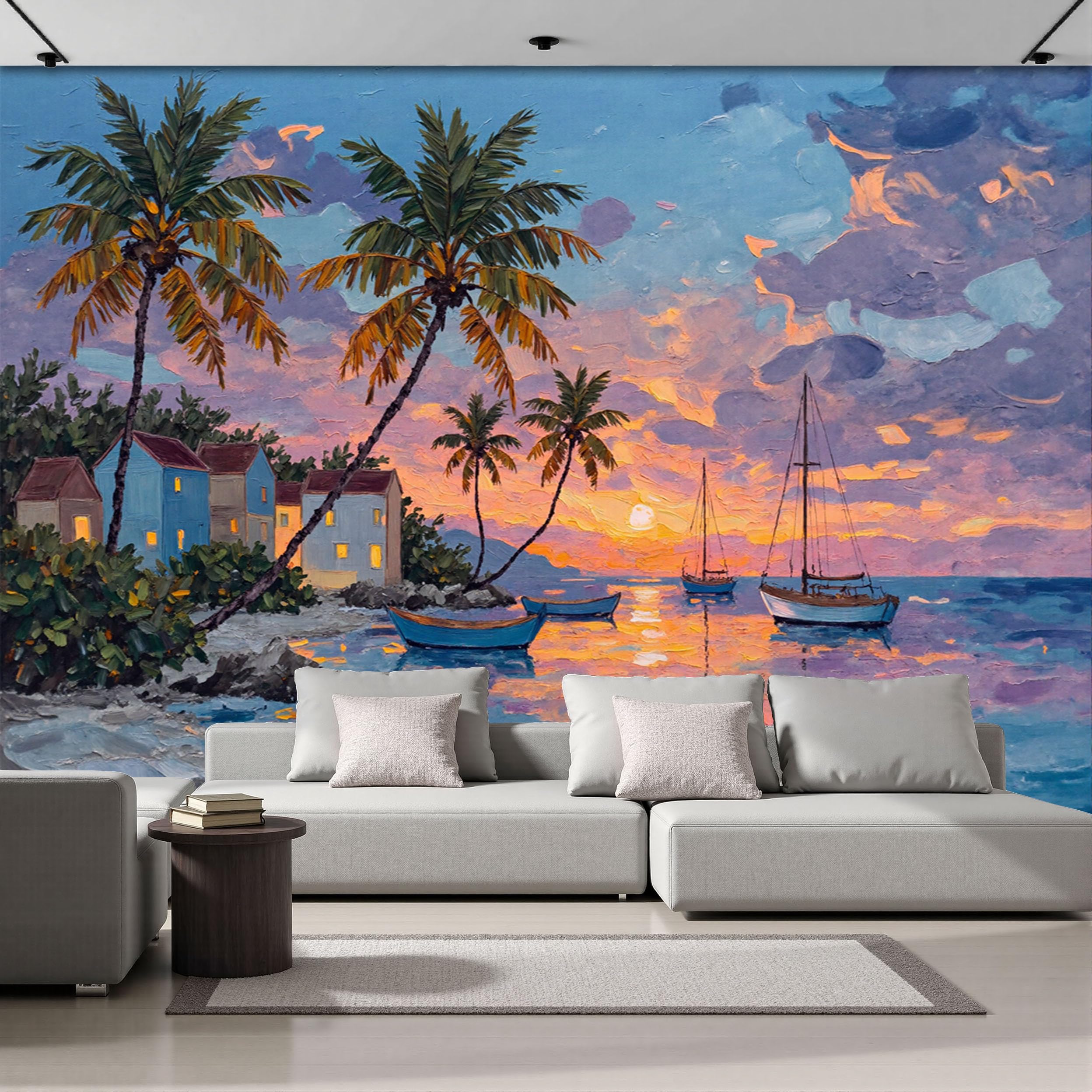 Décoration murale salon avec papier peint panoramique 3D coucher de soleil