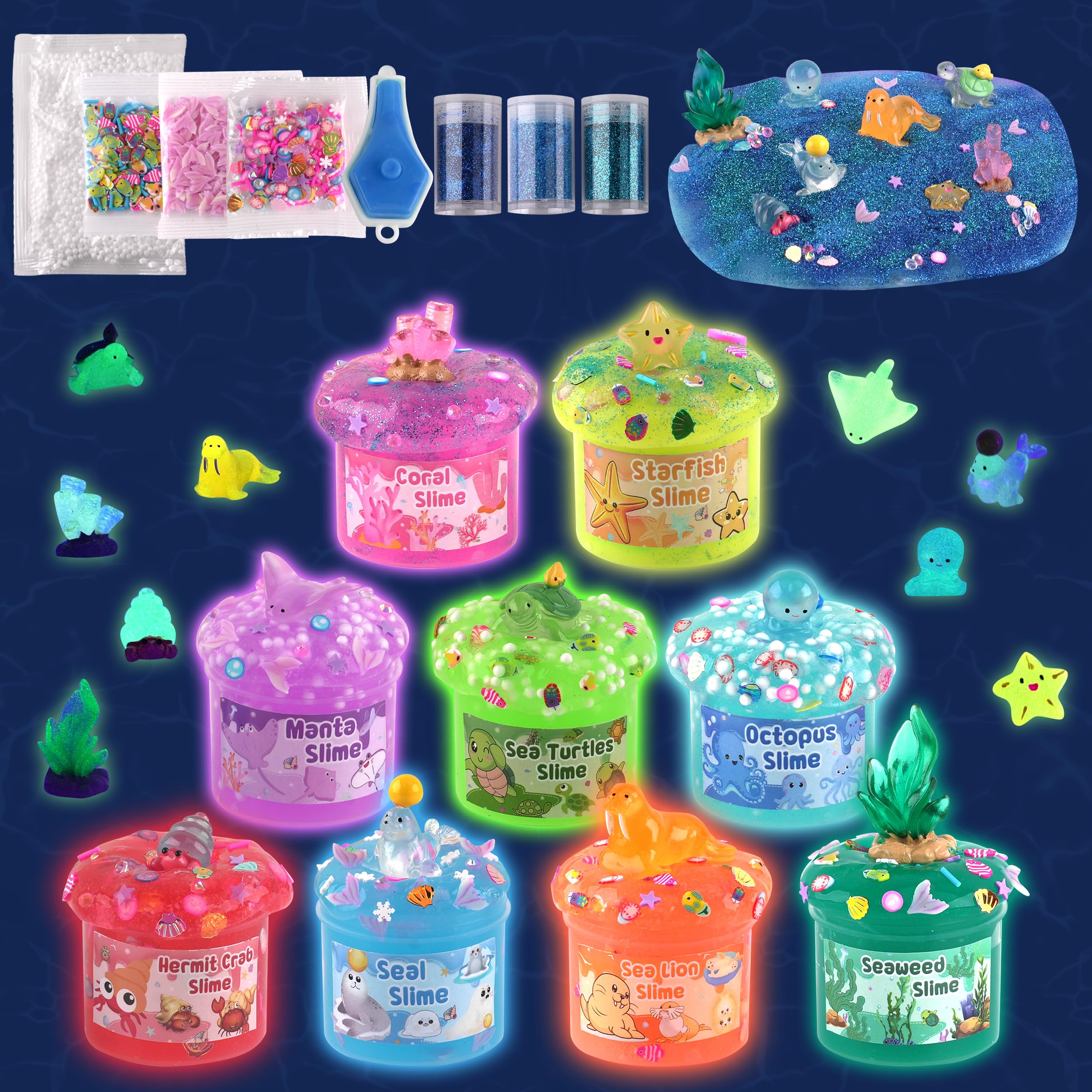 Ocean Adventure Glow in The Dark Slime Kit 9 Pack, with Deep Sea Slimes Charms, Sensory Experience DIY Rainbow Slime for Kids, Glow Party Favors for Girls & Boys, Birthday Easter