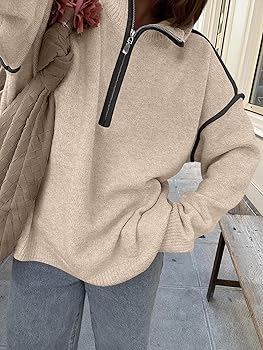 ANRABESS Womens Quarter Zip Sweaters Fall Long Sleeve V Neck