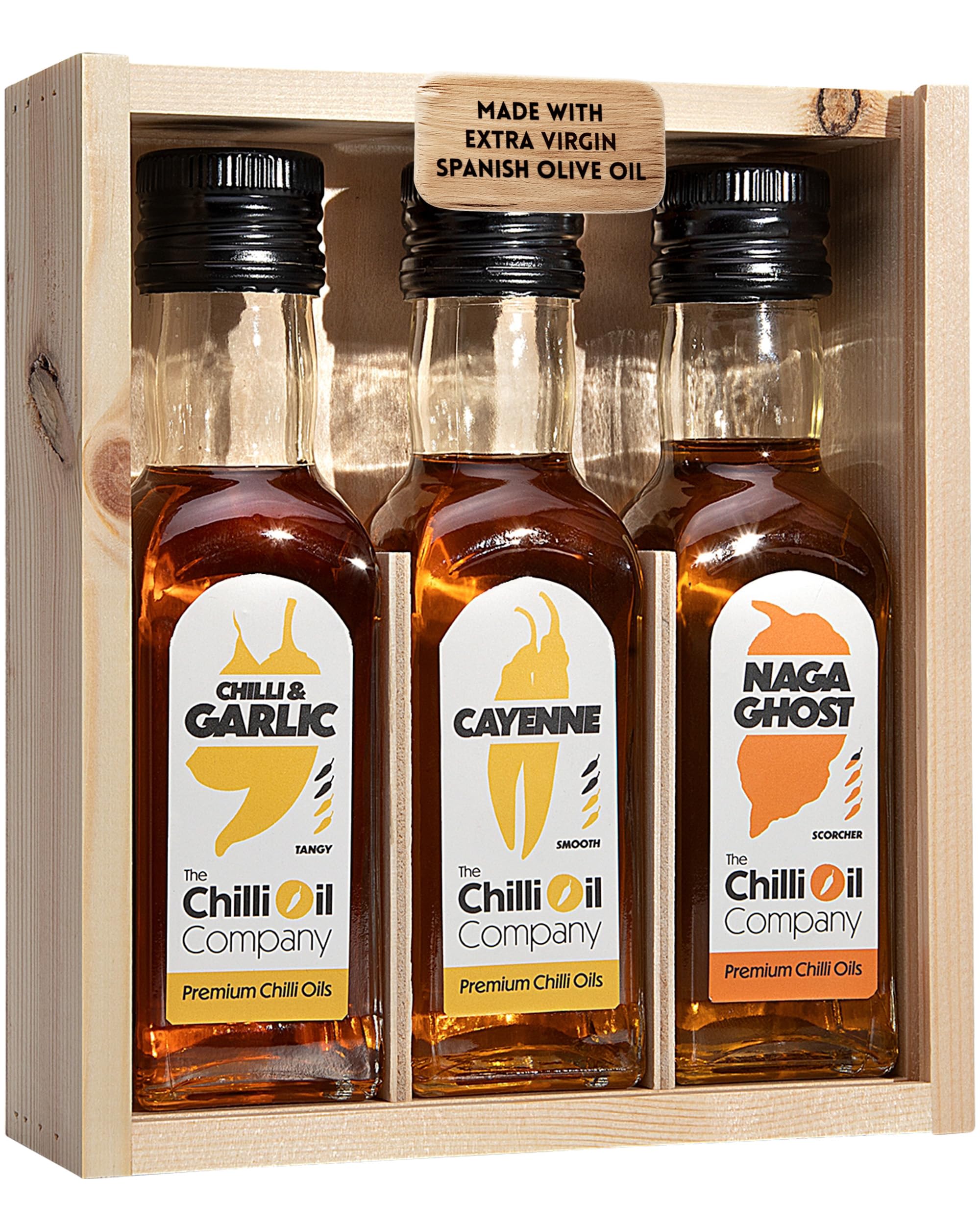 3-in-1 Wooden Gift Box of Chilli & Garlic, Naga & Cayenne Chilli Oil
