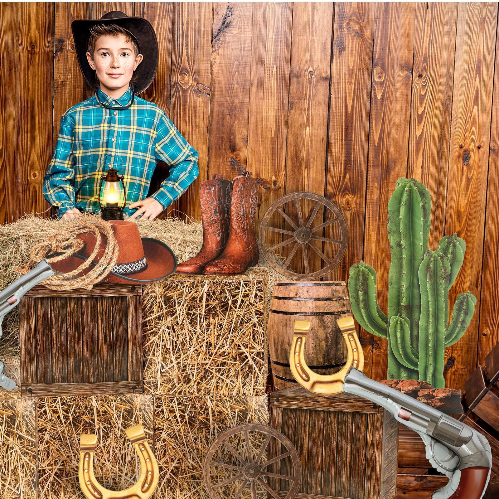 YLOLUL Set di 18 decorazioni per feste con cowboy occidentale, 6 scatole di balle di fieno, 2 ruote in legno, 10 centrotavola da cowboy occidentale, decorazioni per cabina fotografica, cowgirl, feste