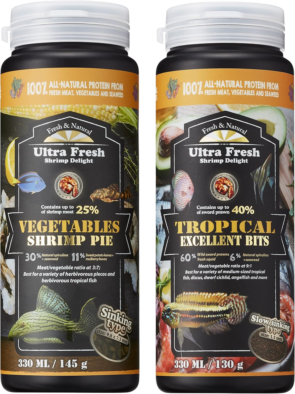 Ultra Fresh Fish Food Bundle for Picky Pleco and Medium Size Tropical Fish, Vegetables Shrimp Pie, Tropical Excellent Bits