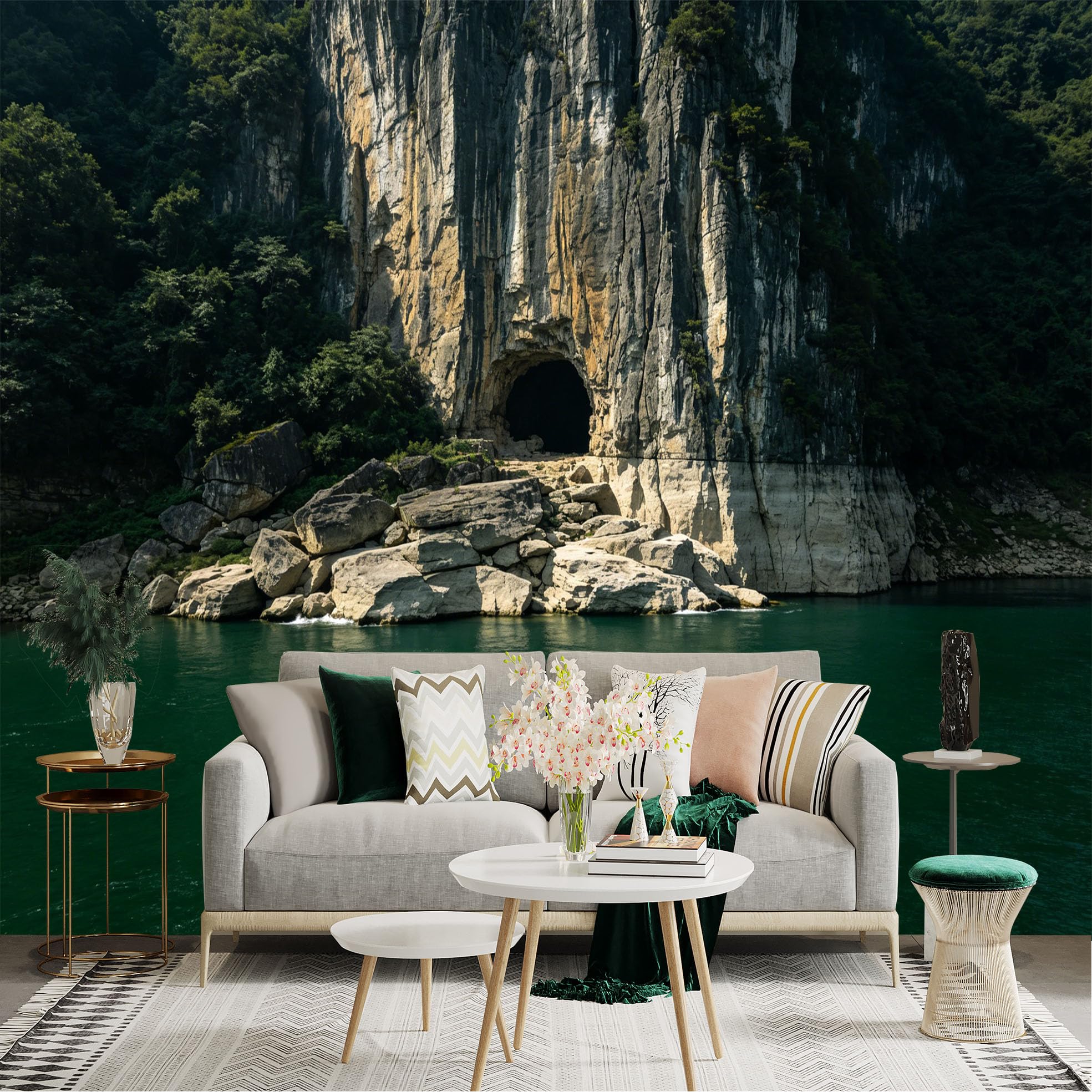 Lnzczhyre Dbh260521316 Custom Size Wall Sticker Mural， Natural Mountain Cave Landscape， Scenic River View， Rocky Cliff Scenery， For Wall Decoration， Peelandstick Wall Decals.