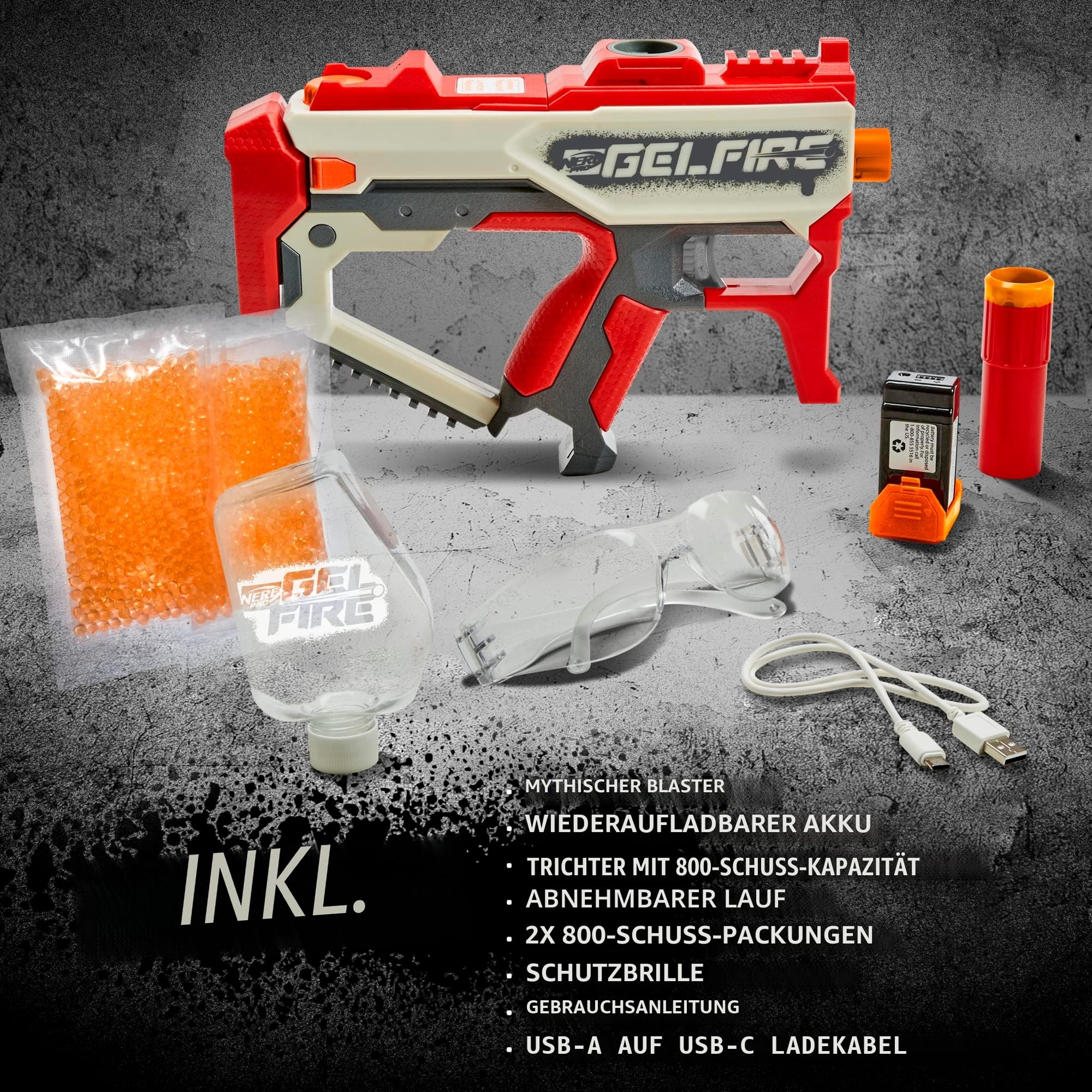 Nerf Pro Gelfire Mythic Blaster 1600 Gelfire Runden Hopper Wiederaufladbarer Akku Brille