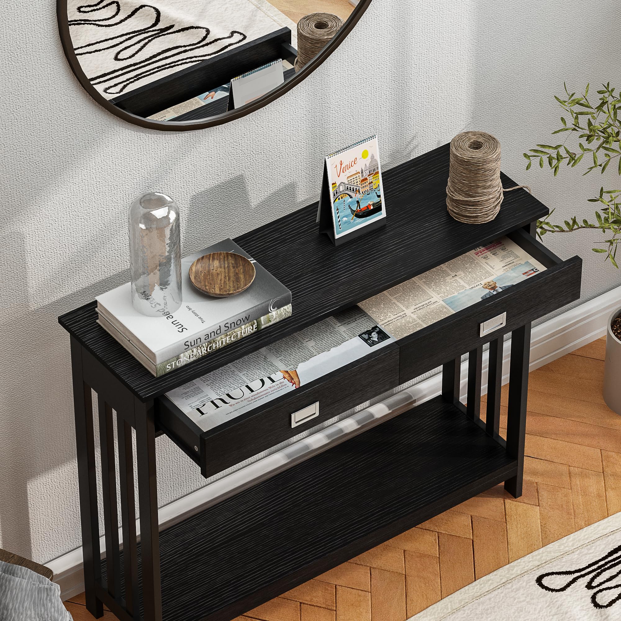 Mesa de entrada negra con cajón, mesa consola estrecha, mesa de sofá con estante de almacenamiento para entrada, sala de estar y pasillo 5