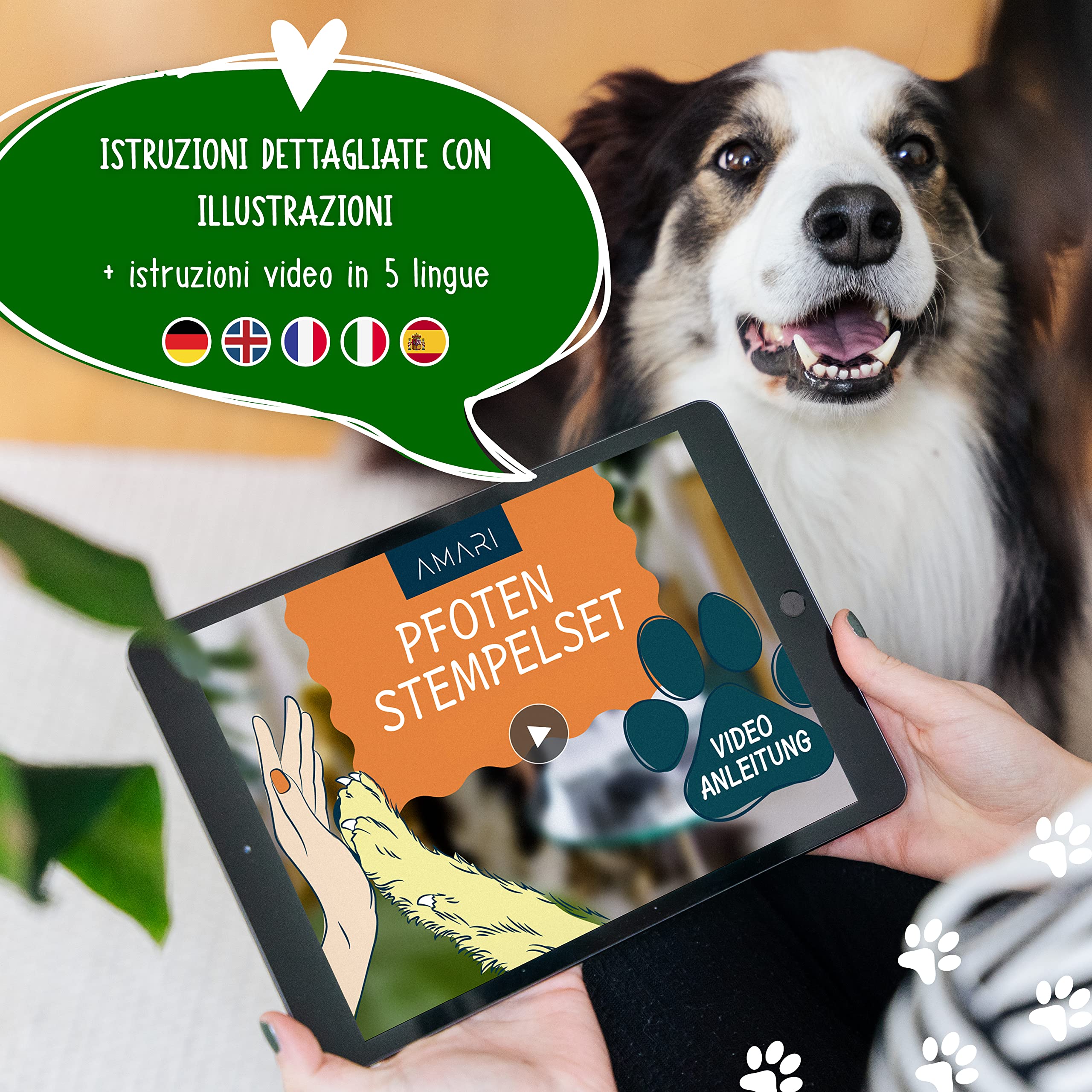 AMARI ® Kit per la stampa di zampe di animali domestici con 2 tamponi per timbri e 4 schede di stampa - impronta cane - regalo per cani - impronta zampa cane - kit impronta