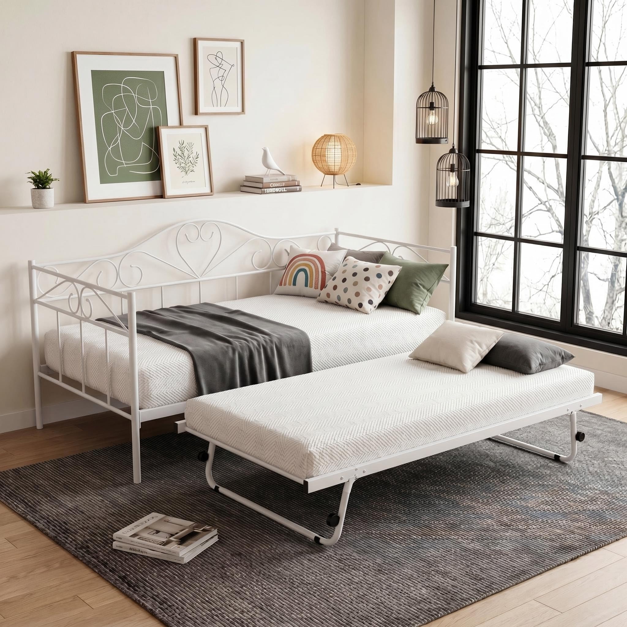 Panana Day Bed with Trundle,Single Sofa Metal Bed Frame with Pull Out Underbed,Stylish 2 in 1 Guest Bed Set for Bedroom Living Room(White, Daybed 02 with Trundle)