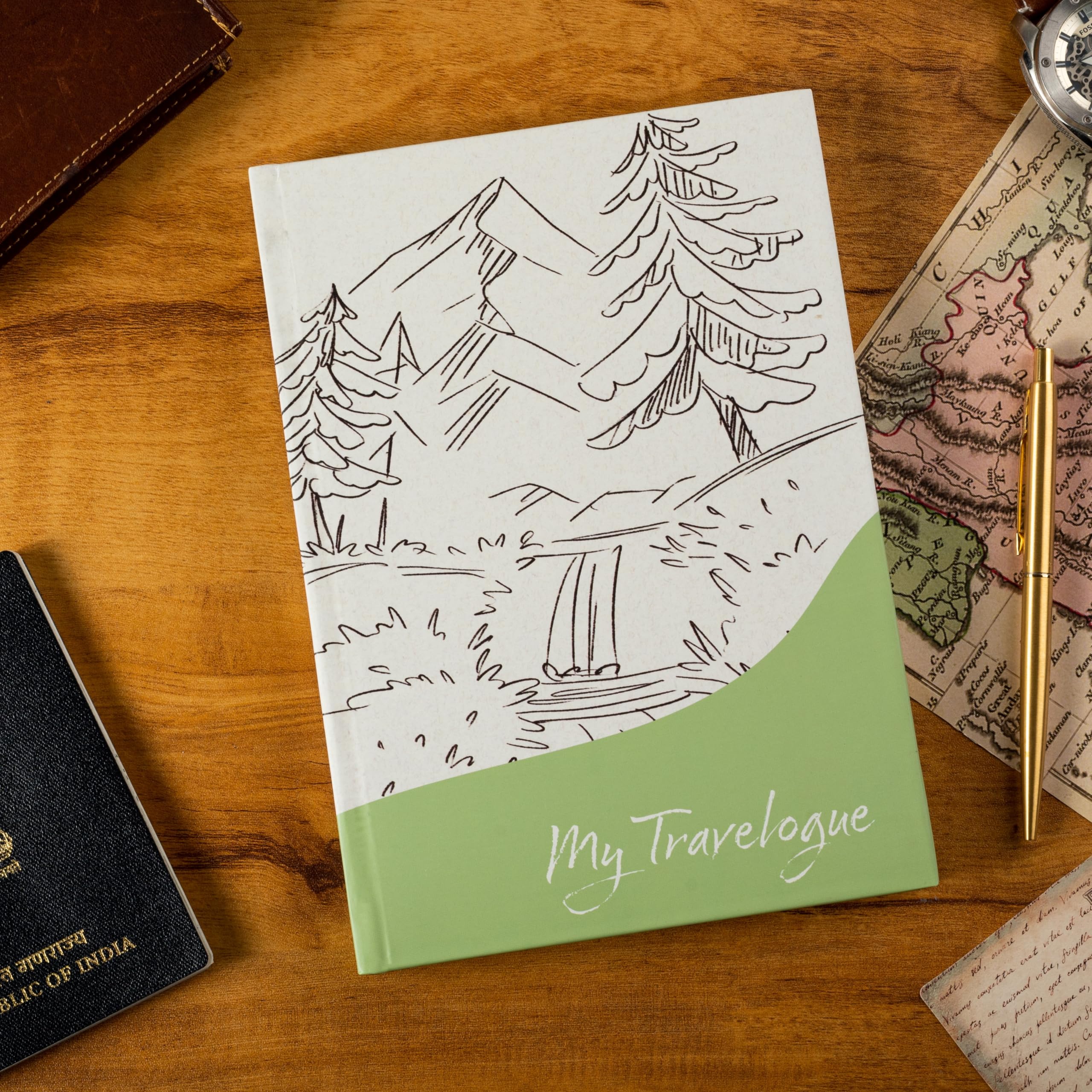 The Journal Lab My Travelogue Travel Journal Scrapbook for Adults & Kids; Travel Diary with Pockets, Space for Fun Prompts, Travel Memories; Best for Travel Gifts, 176 pages Forest Green