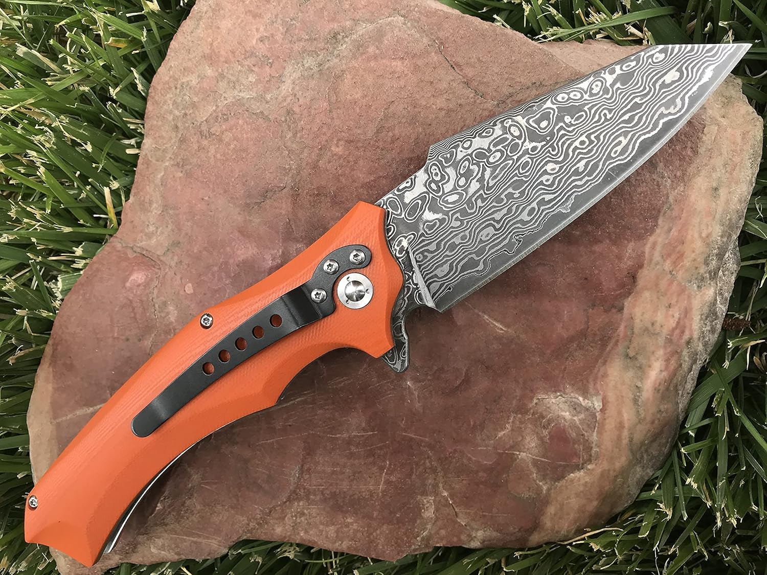 TACTICAL GEARZ Damascus Pocket Knife, G10 Handle, 67 Multi Layered Damascus Steel Blade & VG10 Core, Includes Sheath (Vex XT Saffron)
