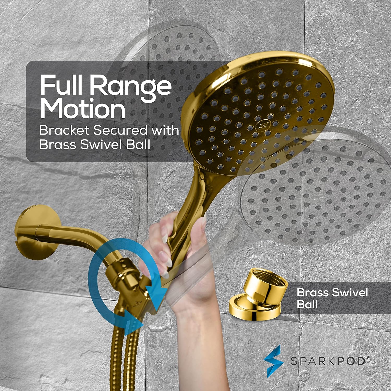 SparkPod High Pressure Handheld Shower Head with Hose - Huge 6-Inch Rainfall Shower Head, Extra Long 6ft. Hose & Adjustable Bracket- Luxury Showerheads- 1-Min Installation (Egyptian Gold)