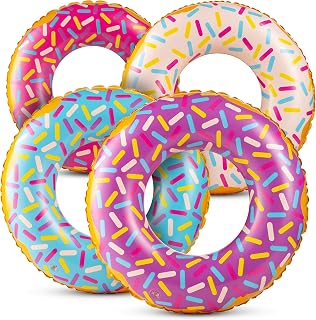 Bedwina Pack of 4 Inflatable Donut Pool Floats - 24 Inch Swim Rings for Kids 2-6 with Sprinkles, Assorted Colors for Pool Party Fun