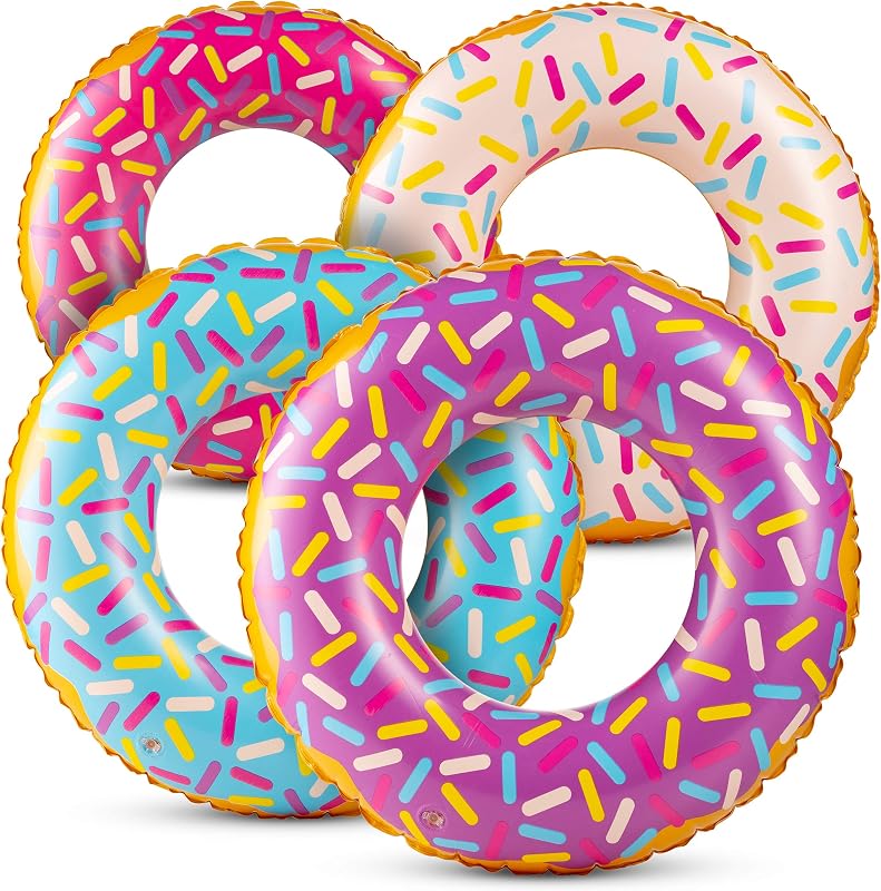 Flotadores inflables para pileta tipo donut de 24 pulgadas (paquete de 4) anillos de natación para niños de 2 a 6 años | Tubos de natación Sprinkle Donut para fiestas en la pileta, juegos acuáticos de verano, viajes a la playa, decoraciones de cumpleaños y juguetes flotantes para la pileta