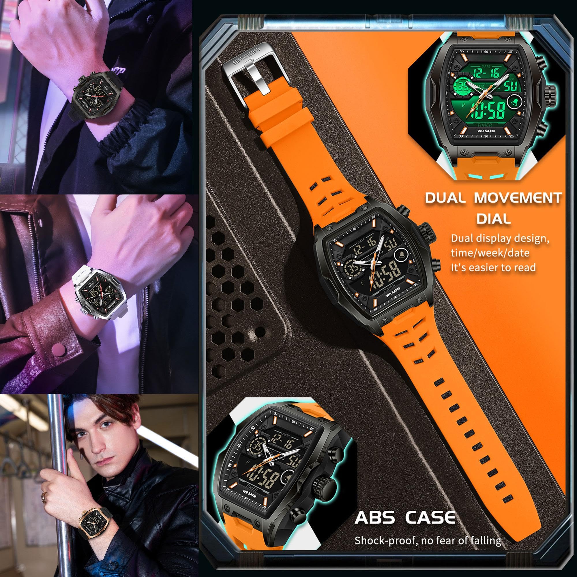 findtime Montre numérique étanche pour homme avec alarme, chronomètre, compte à rebours avec bracelet en silicone au design unique