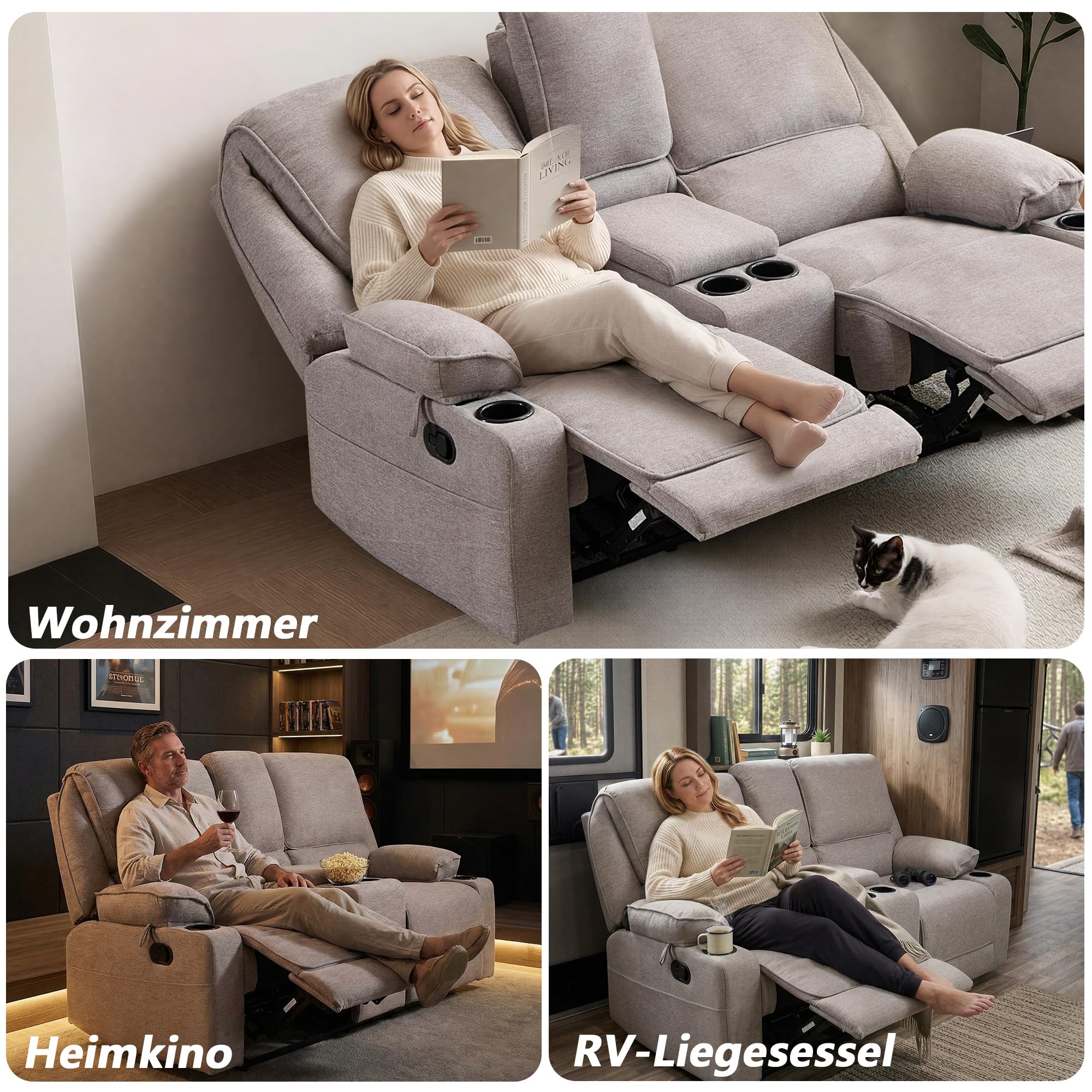 2er Kinosessel Relaxsessel mit Liegefunktion, 2 Sitzer Fernsehsessel TV Sessel mit Konsole, 4 Getränkehalter Cupholder, zweisitzer Sofa für Wohnzimmer (Hellgrau)
