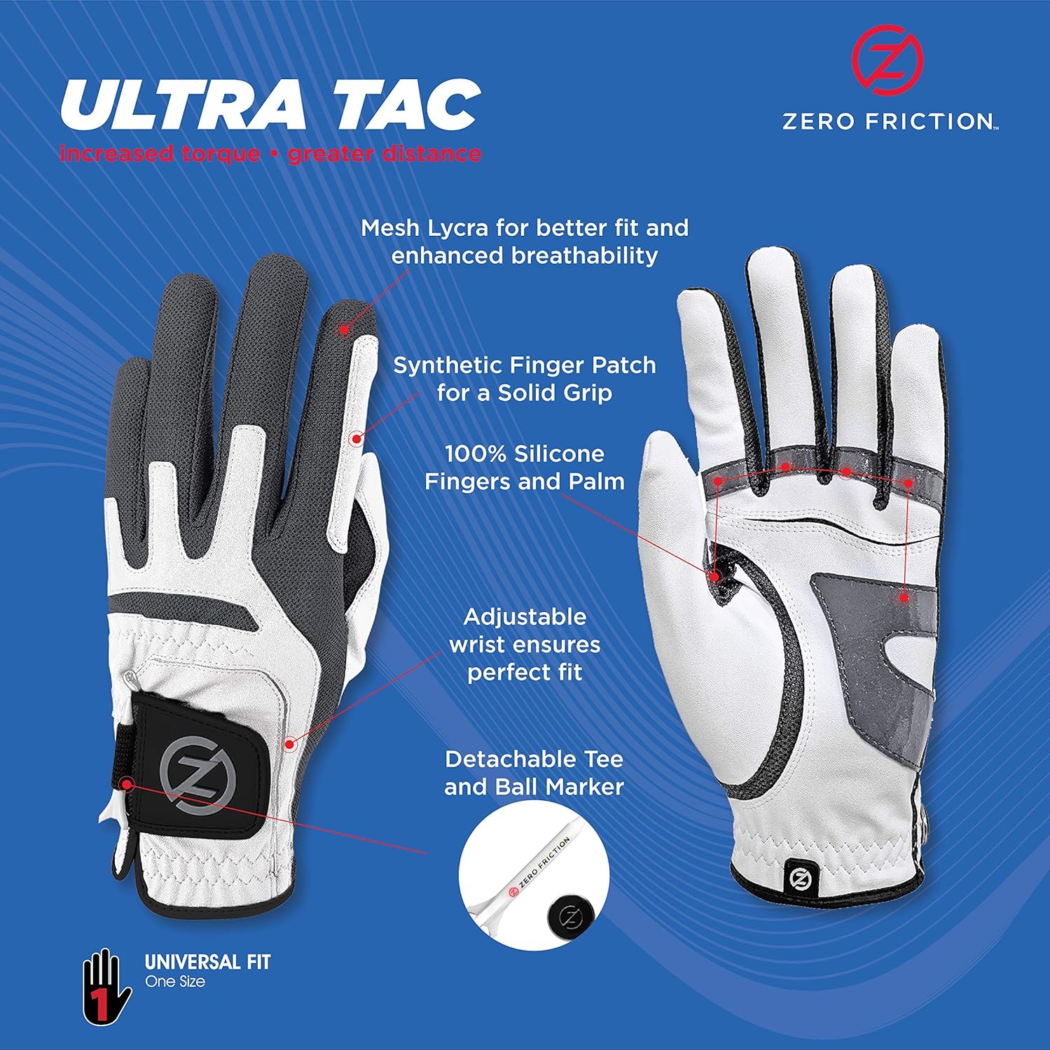 Zero Friction Men's Ultra Tac Left Hand Universal-Fit Golf Glove, White - Image 4