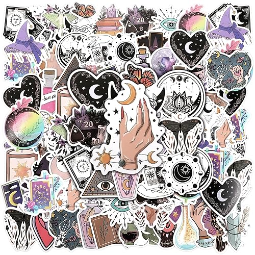Geyoga 100 Pcs Witchy Stickers Apothecary Decals Celestial Witchy Crystal Aesthetic Vinyl Waterproof Spooky Sign for Water Bottles Gothic Stickers for Laptop Luggage Guitar