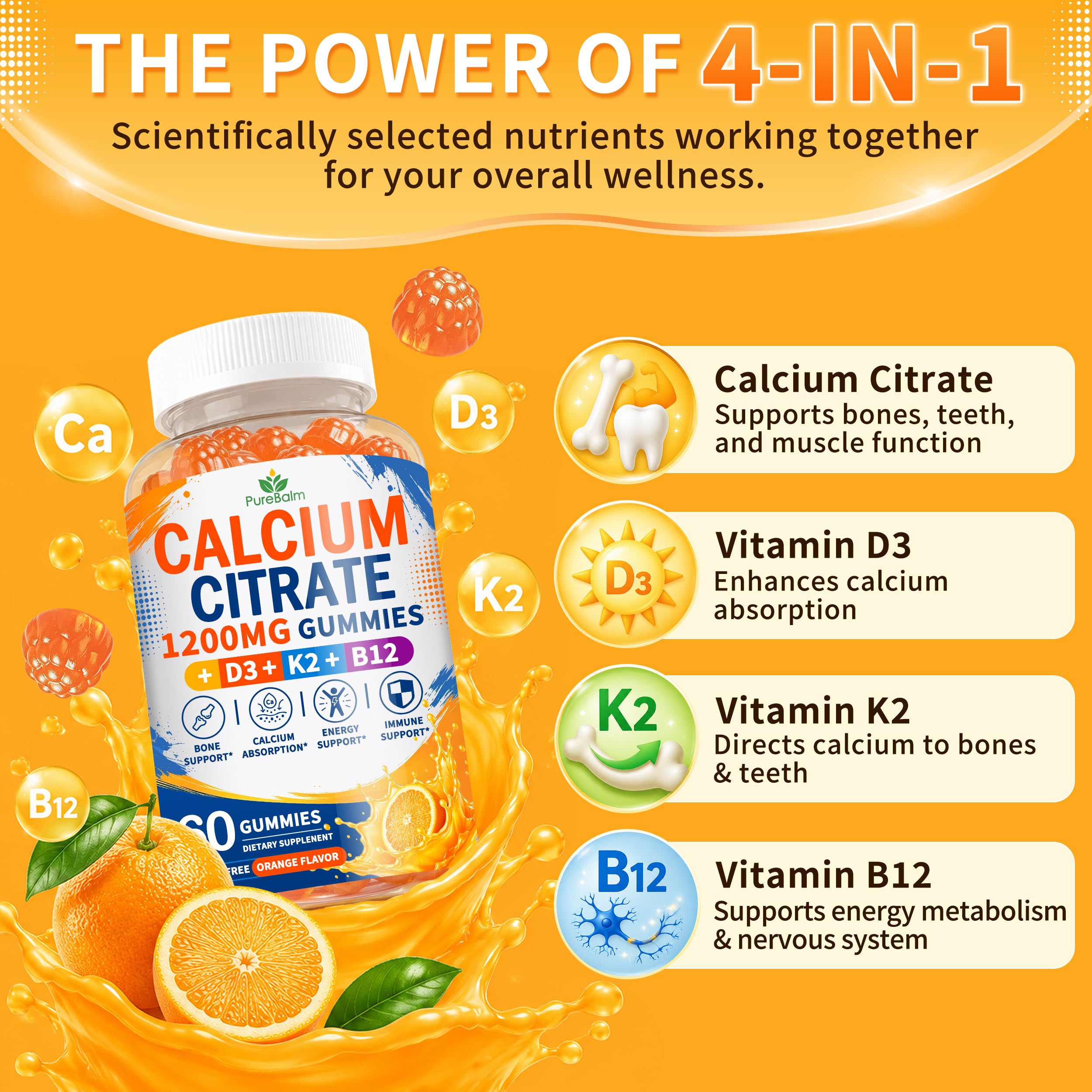 2 Pack - Calcium Citrate 1200mg Gummies with Vitamin D3, K2 & B12 for Women & Men – Highly Absorbable Calcium Supplements for Bone, Teeth, Energy & Immune Support – Sugar Free, Vegan, Orange Flavor — Amazon image 3