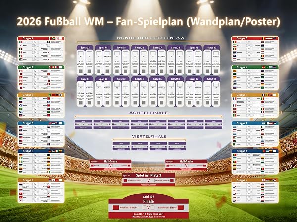 hsyomgcs Spielplan 2026 Poster für Deko Fußball WM 2026 – Alle Spiele, Termine & Austragungsorte – Wandplan für Heim & Bar – 42 bestätigte Teams, 6 freie Felder für Play-off-Teilnehmer (A1, 84x60 cm) - 2