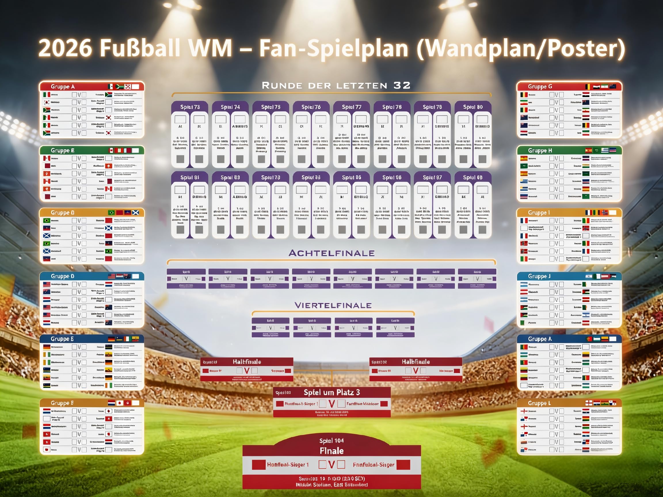Das hsyomgcs Spielplan 2026 Poster bietet eine vollständige Übersicht über die WM 2026 mit Platz für nachträgliche Ergänzungen.