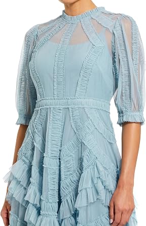 Mac Duggal Mesh Ruffle Tiered A Line Midi Dress
