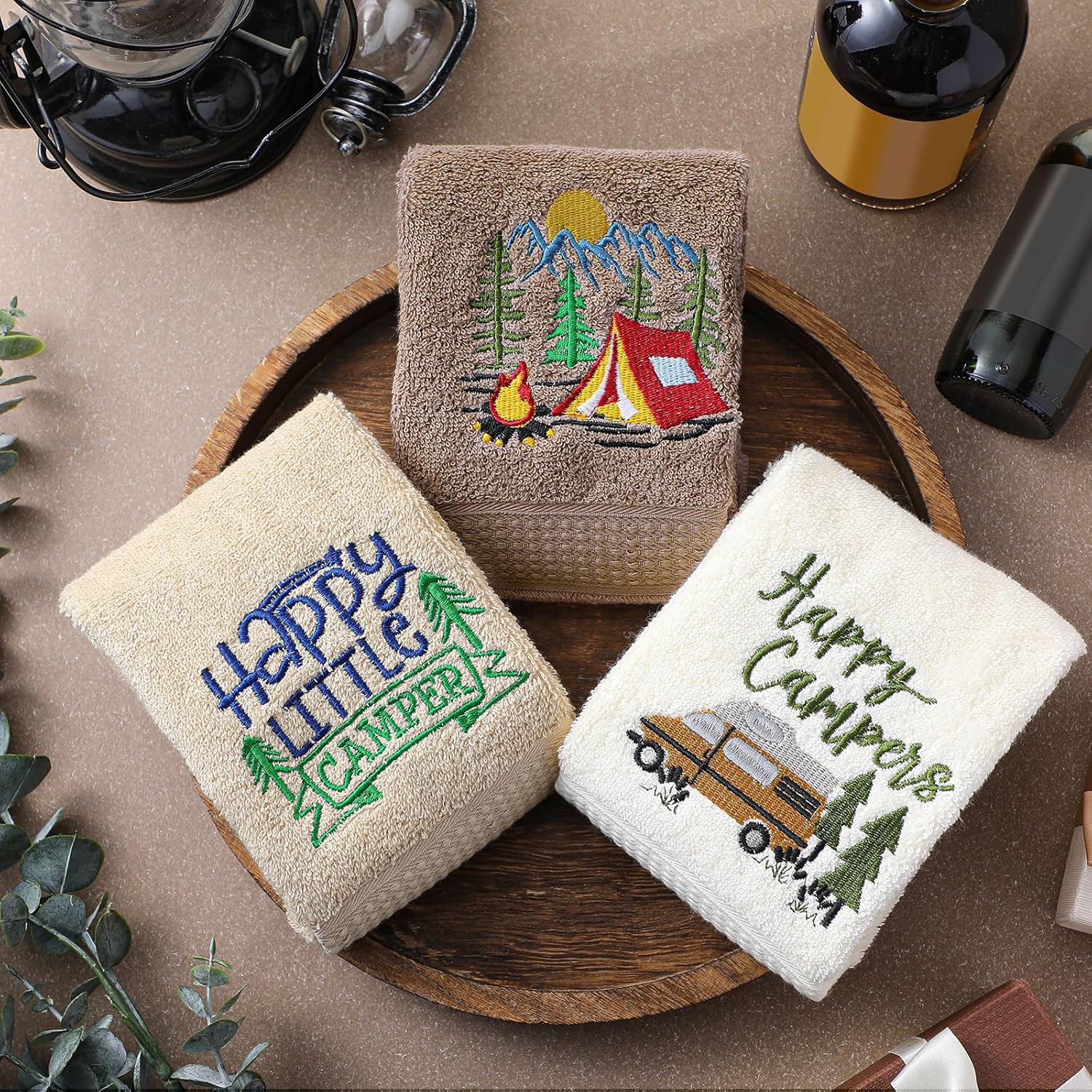 Kitchen 3 Pcs Camping Themed Hand Towels Embroidered Happy Camping Bathroom Towels 14x29 Inch Farmhouse Cotton Soft Decorative Embroidered HandTowels for Bathroom Kitchen - Image 6