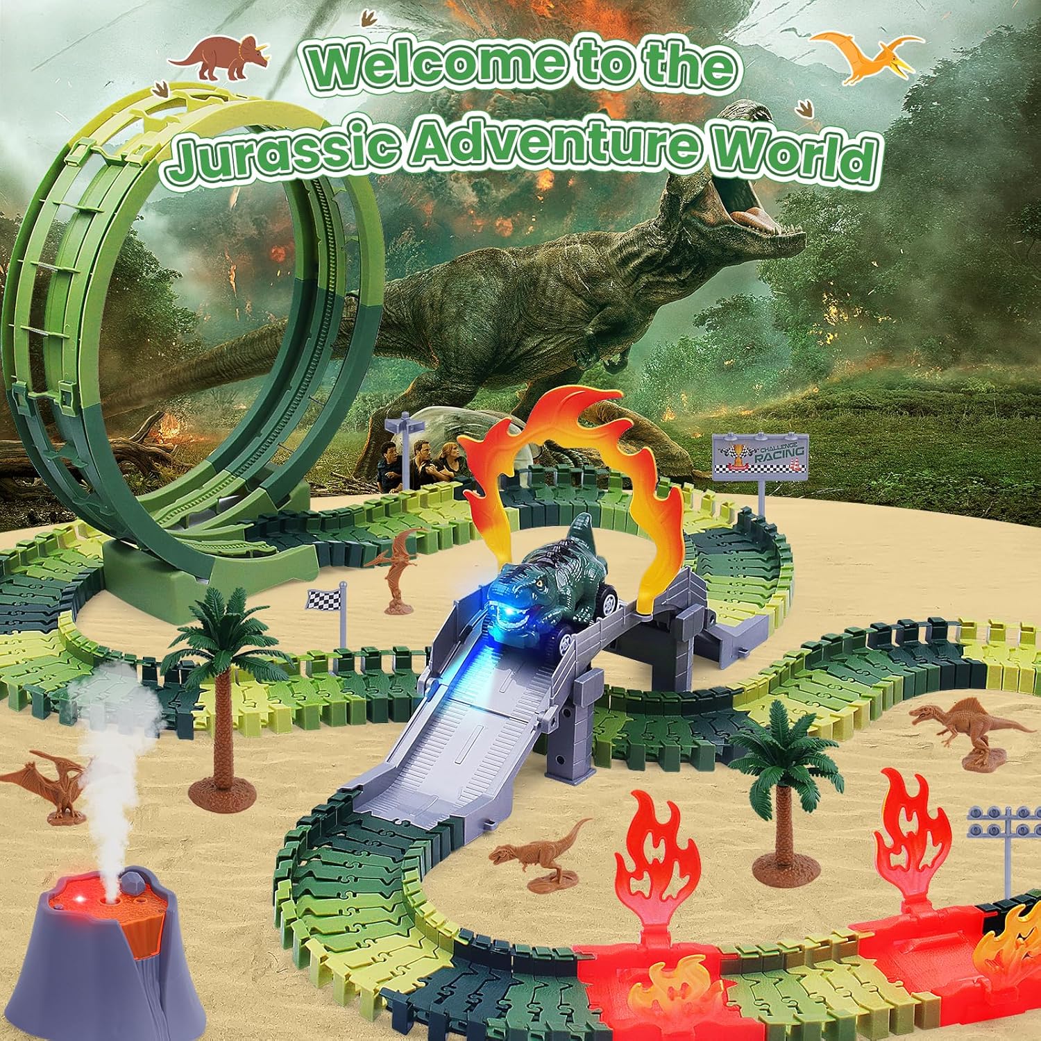 Dinosaur Race Track Set, 144PCS Flexible Track with Action Loop, 1 High-Speed Dino Race Car & 1 Mist Volcano, Dinosaur Track Toy for Kids 3 4 5 6 7 Years Boys & Girls Birthday Gift