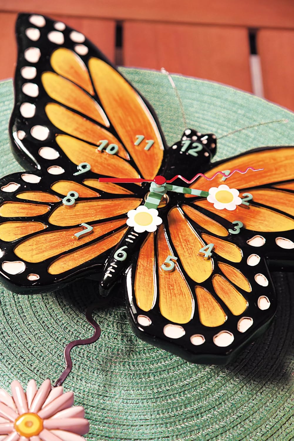 Enesco Allen Designs Spread Your Wings Monarch Butterfly Battery-Operated Sculpted Pendulum Wall Clock, 8.66 Inch, Multicolor