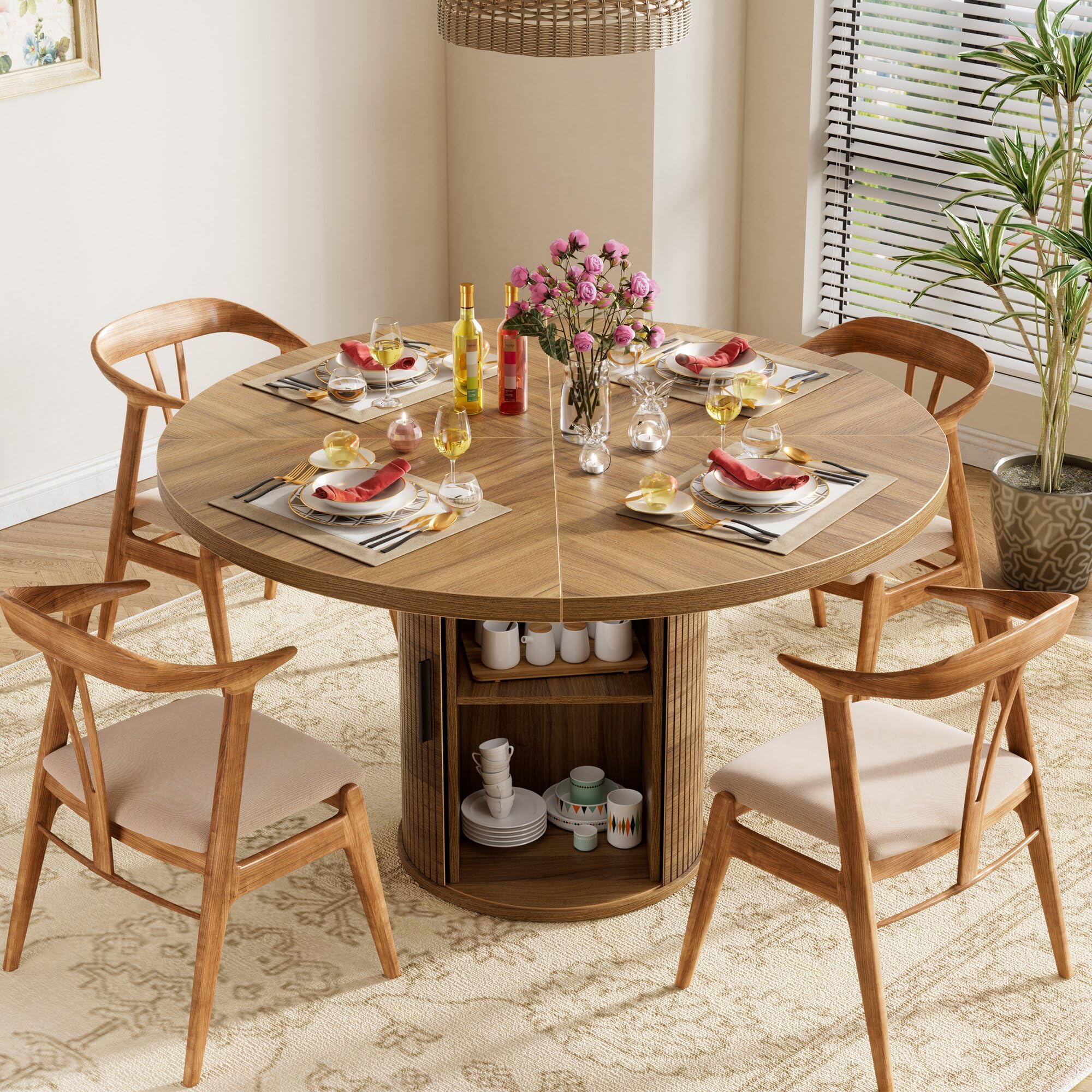 Mesa de Comedor Redonda Madera 100CM Mesa de Cocina Redonda con Estante de Almacenamiento de 2 Niveles y Puerta Corrediza de Madera Mesa de Comedor o Cocina Estable Mesa Redond Comedor 4 Personas