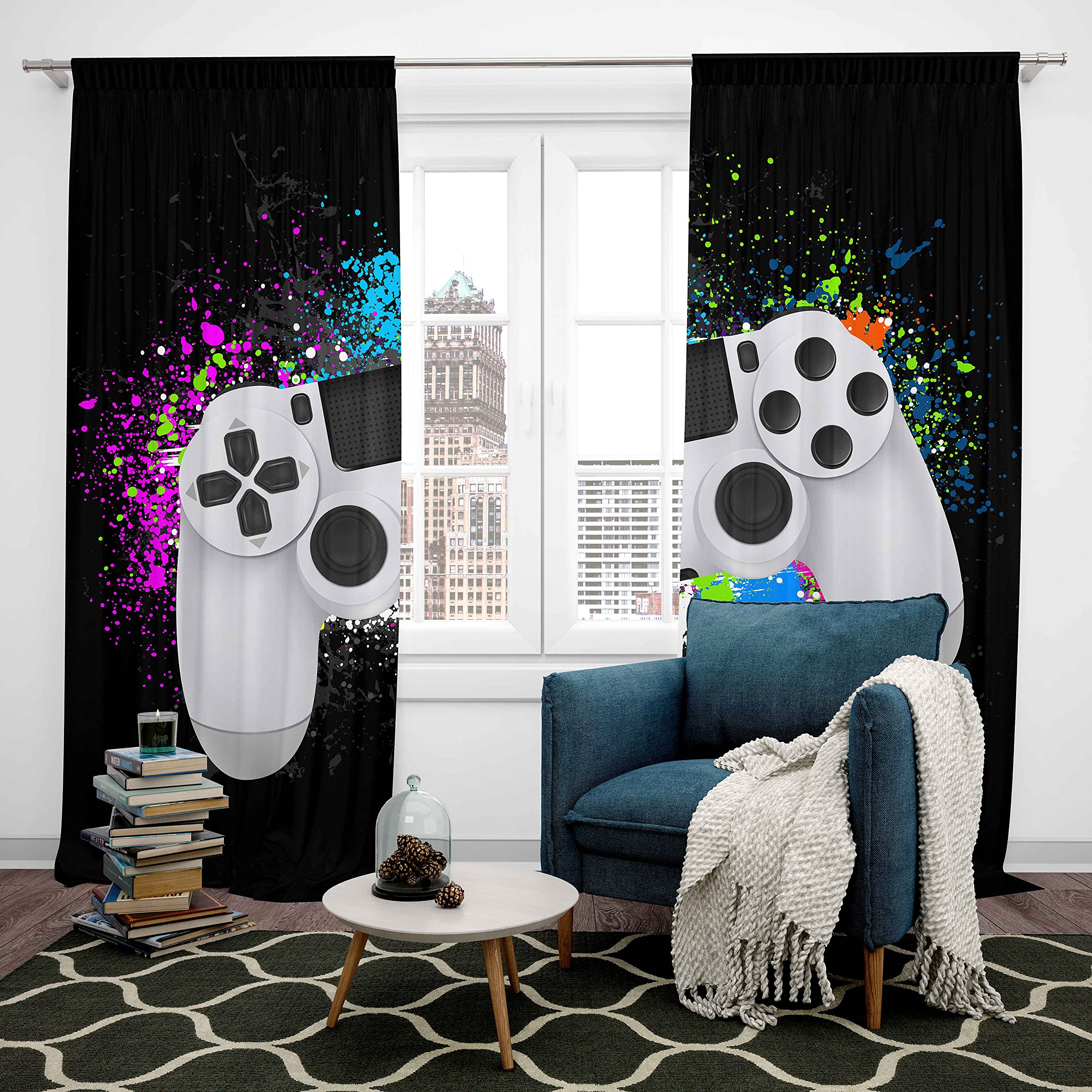 Loussiesd Kids Gamepad Curtains Gamer Window Treatments for Boys Girls Childre White Video Game Controller Window Drapes Teens Colorful Tie Dye Window Curtain Black Room Decor W66*L72 - Image 3