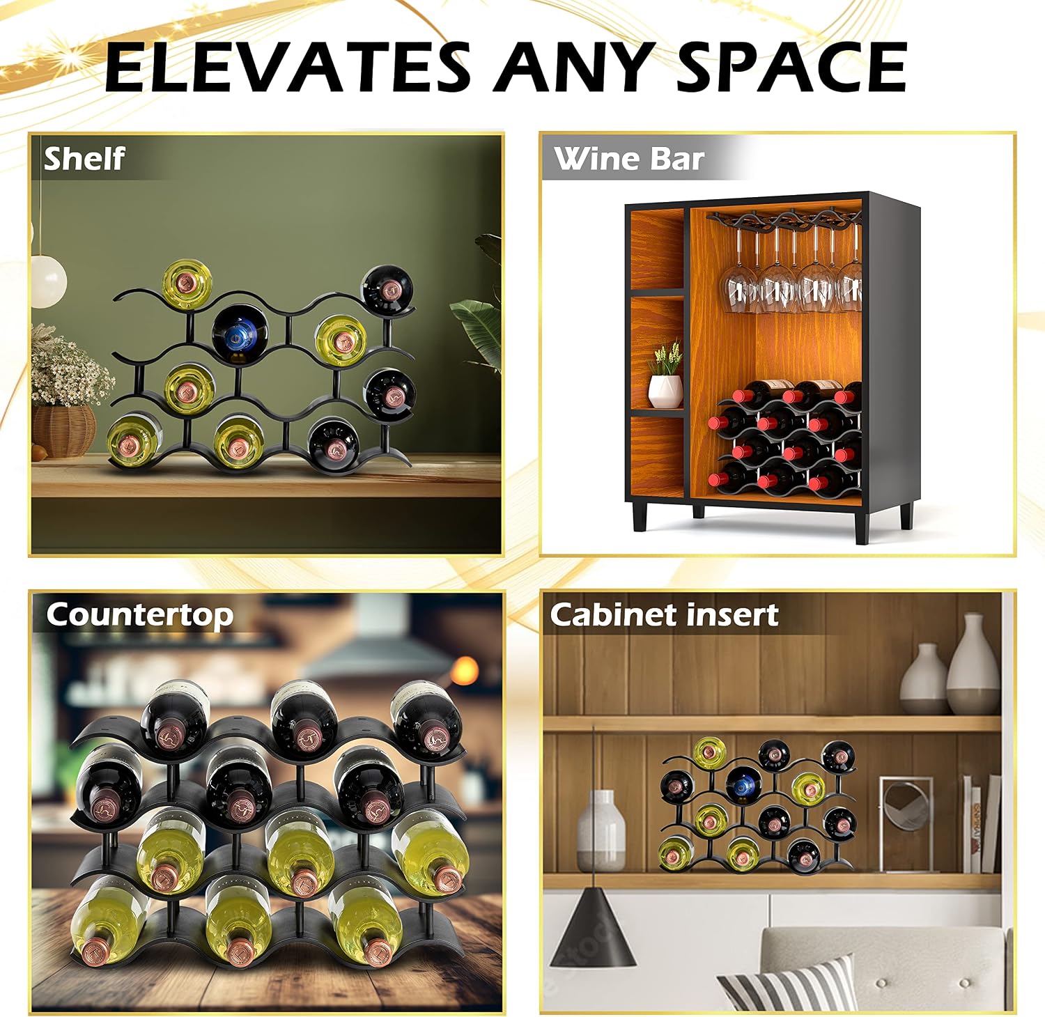 Bariboo Wave Wine Bottle Holder - Wine Rack Inserts for Cabinet That Fits 12 Bottles, Premium Plastic Countertop Wine Rack (Black, XL)