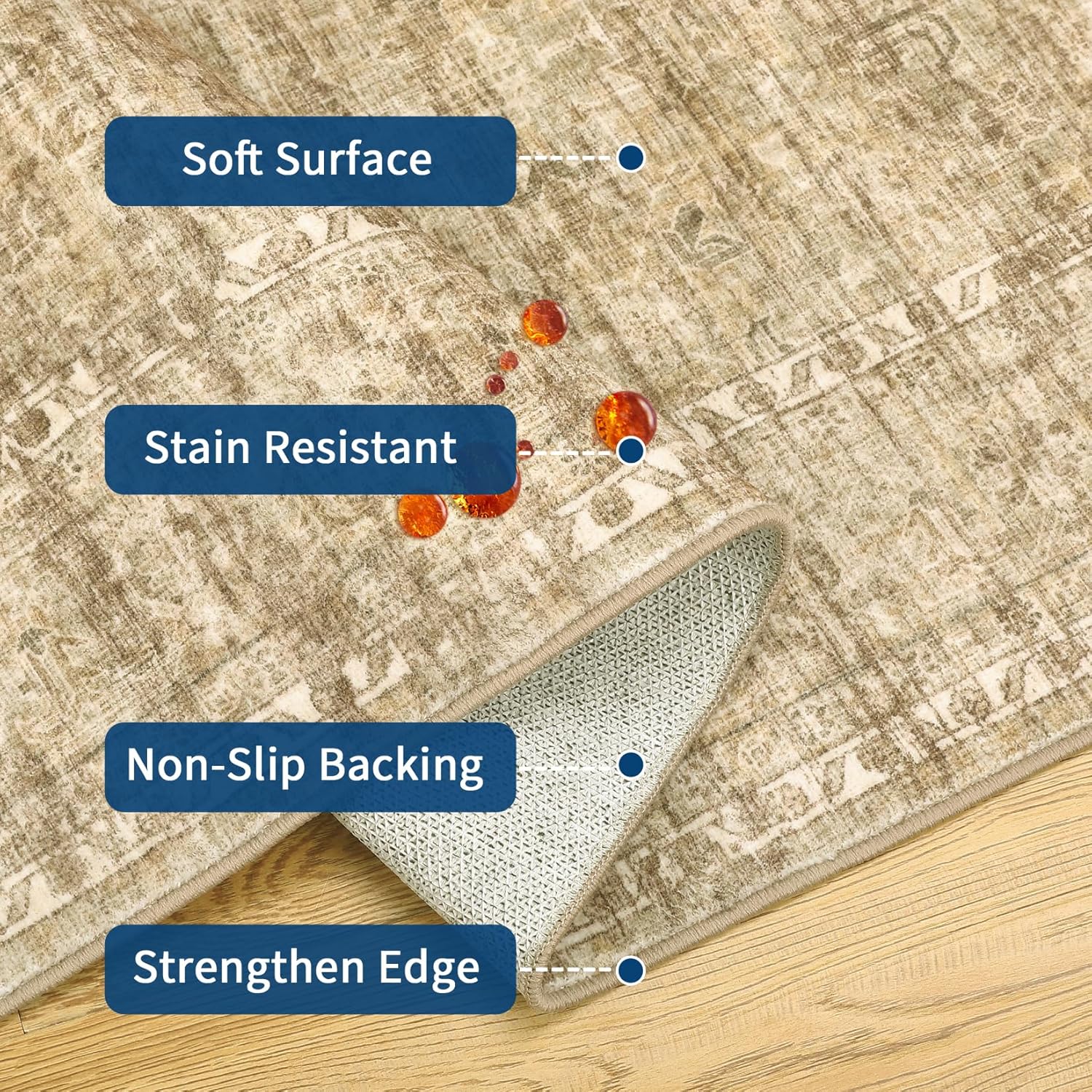 GarveeHome Vintage Kitchen Rugs, Washable 2x6 Soft Non Slip Hallway Runner, Stain Resistant Low Pile Distressed Floral Print Throw Carpet for Entryway Bedroom Laundry Bathroom, Beige