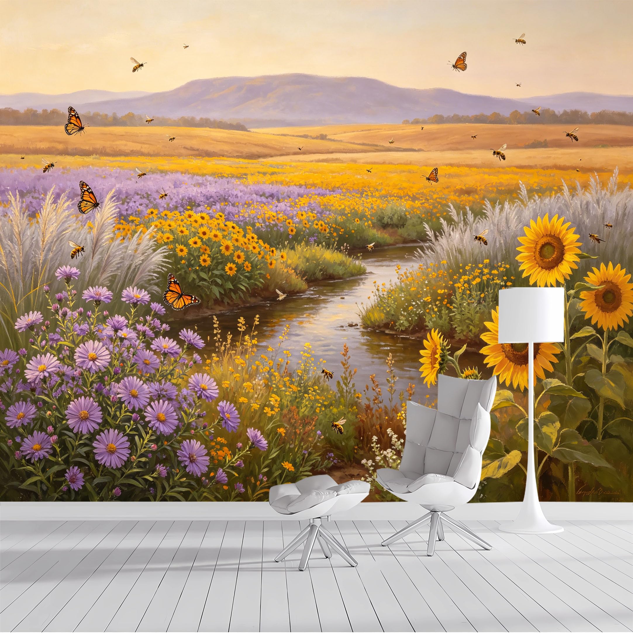 Custom Size Wall Mural Watercolor Meadow Butterflies Bees Landscape Oil Painting SelfAdhesive Wall Fabric Removable Peel and Stick Wallpaper Wall Decor for Living Room Bedroom Bathroom